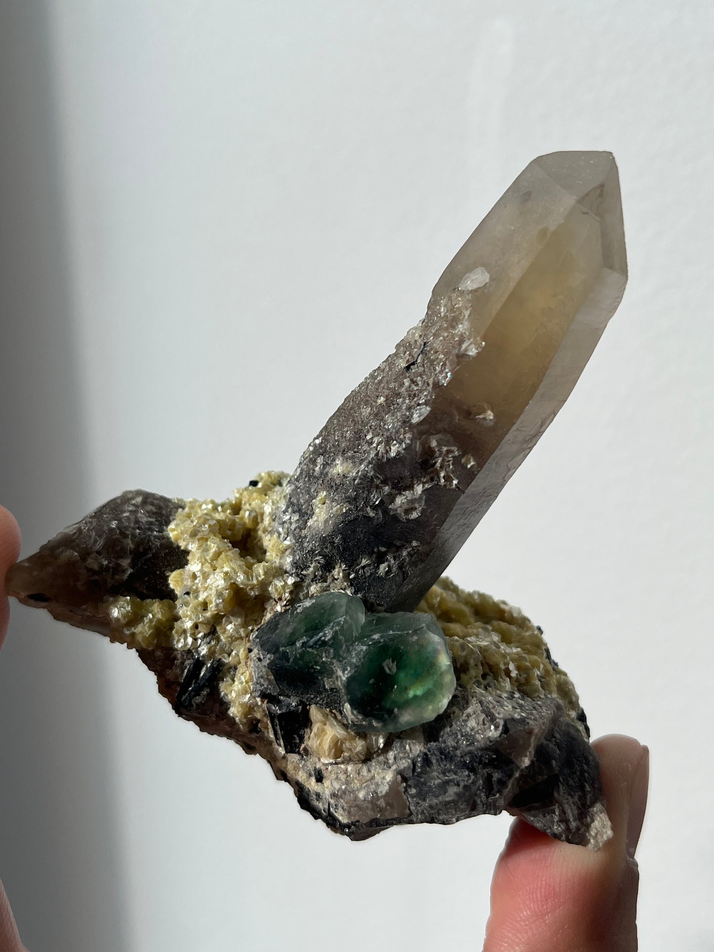 Green Erongo Fluorite with Smokey Quartz, Muscovite and Tourmaline Specimen A