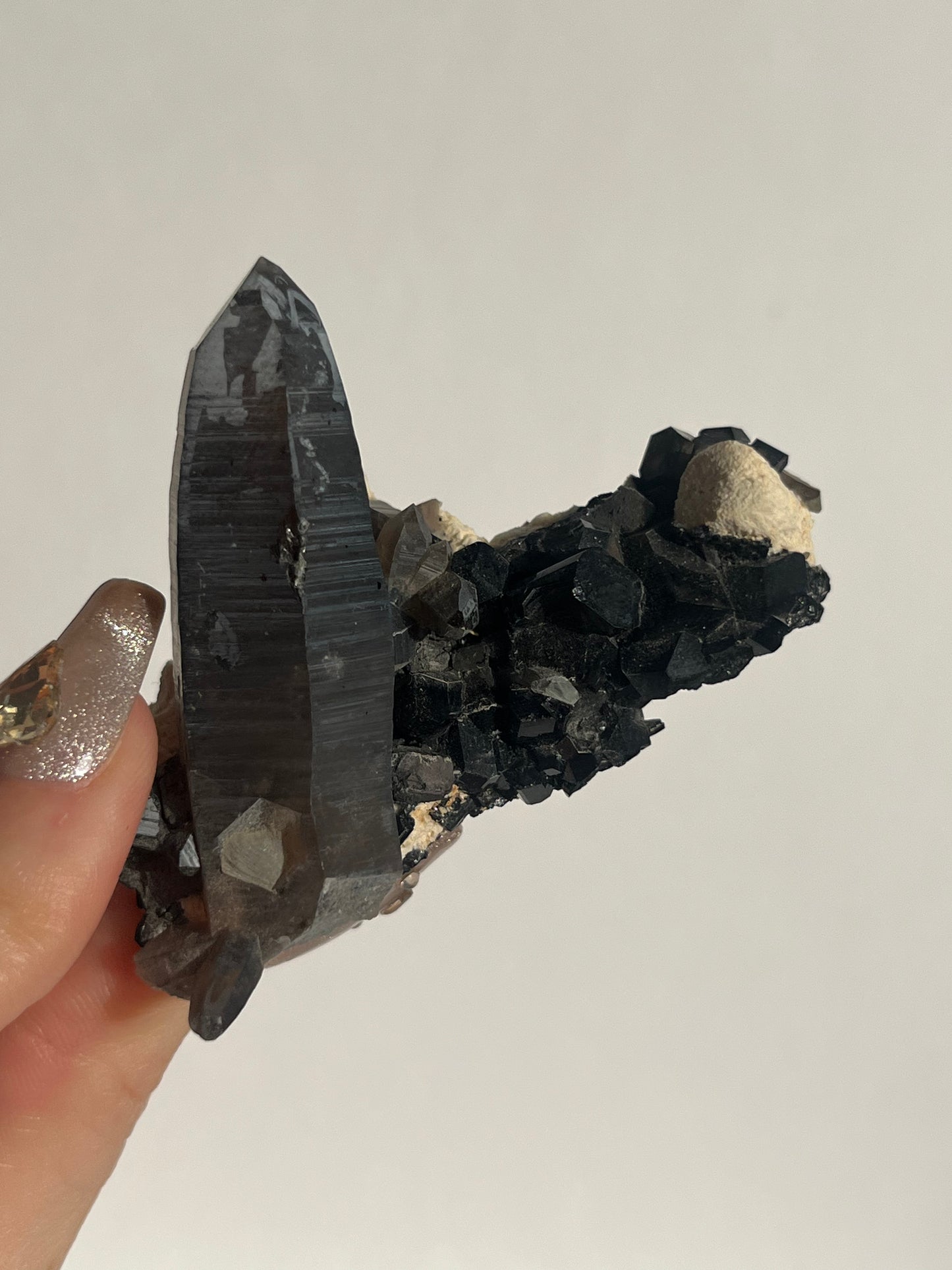 Natural Iridescent Smokey Quartz with Schorl Tourmaline on Feldspar Specimen A