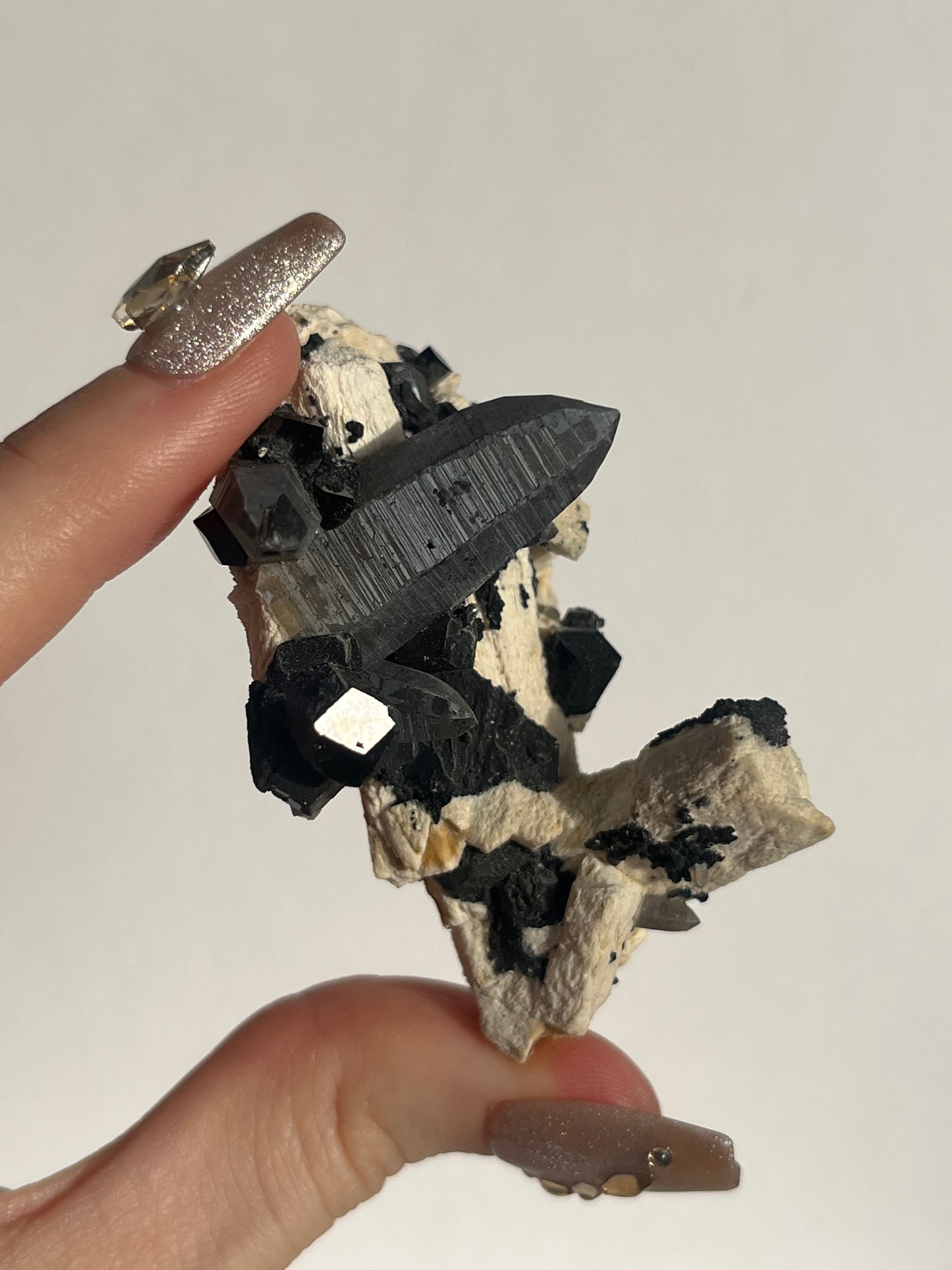 Natural Smokey Quartz with Schorl Tourmaline on Feldspar Specimen B