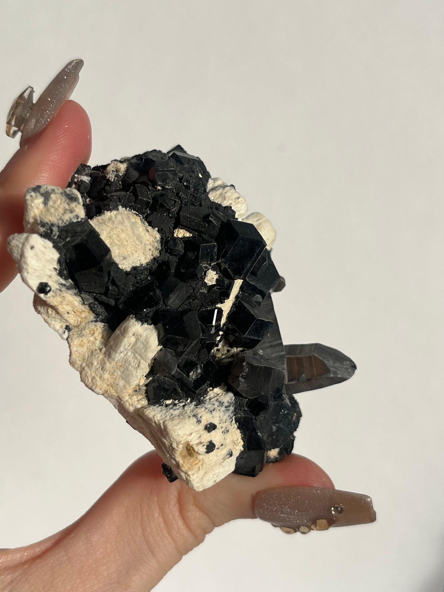 Natural Smokey Quartz with Schorl Tourmaline on Feldspar Specimen C