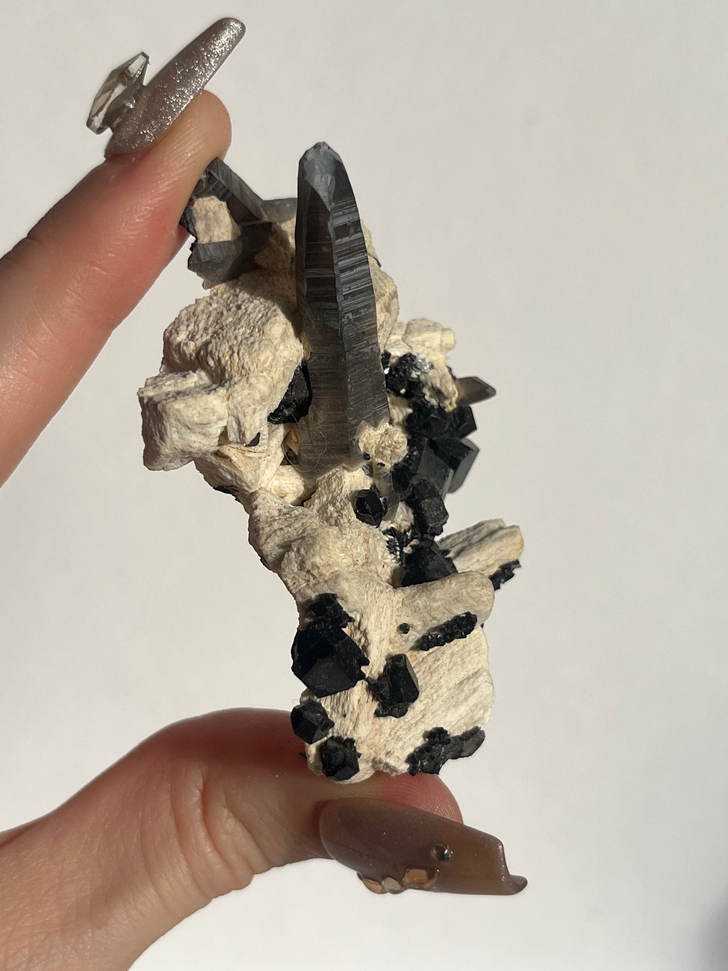 Natural Smokey Quartz with Schorl Tourmaline on Feldspar Specimen D