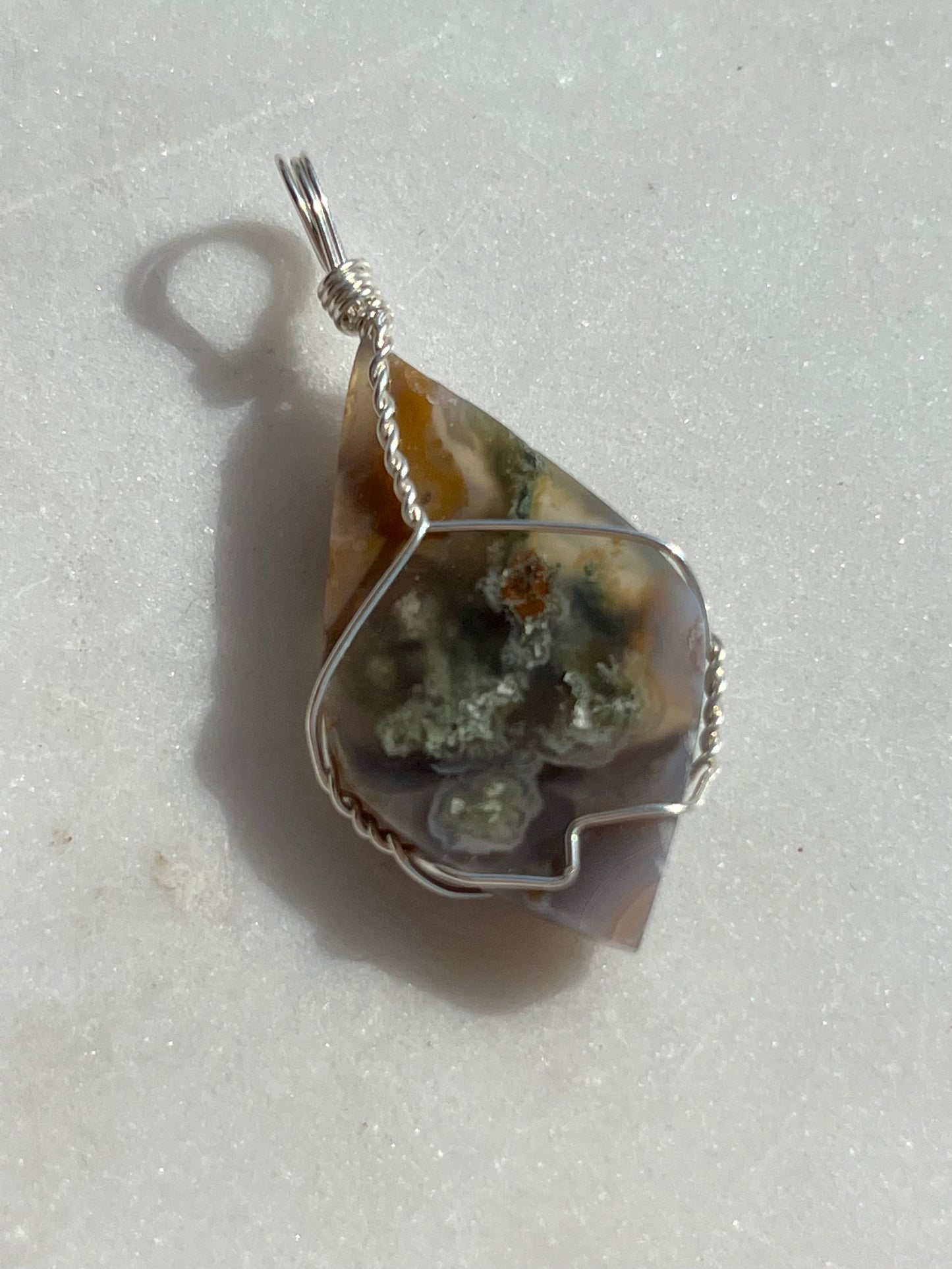 Danau Agate w/Green Moss 925 Sterling Silver Wire Wrap Pendant