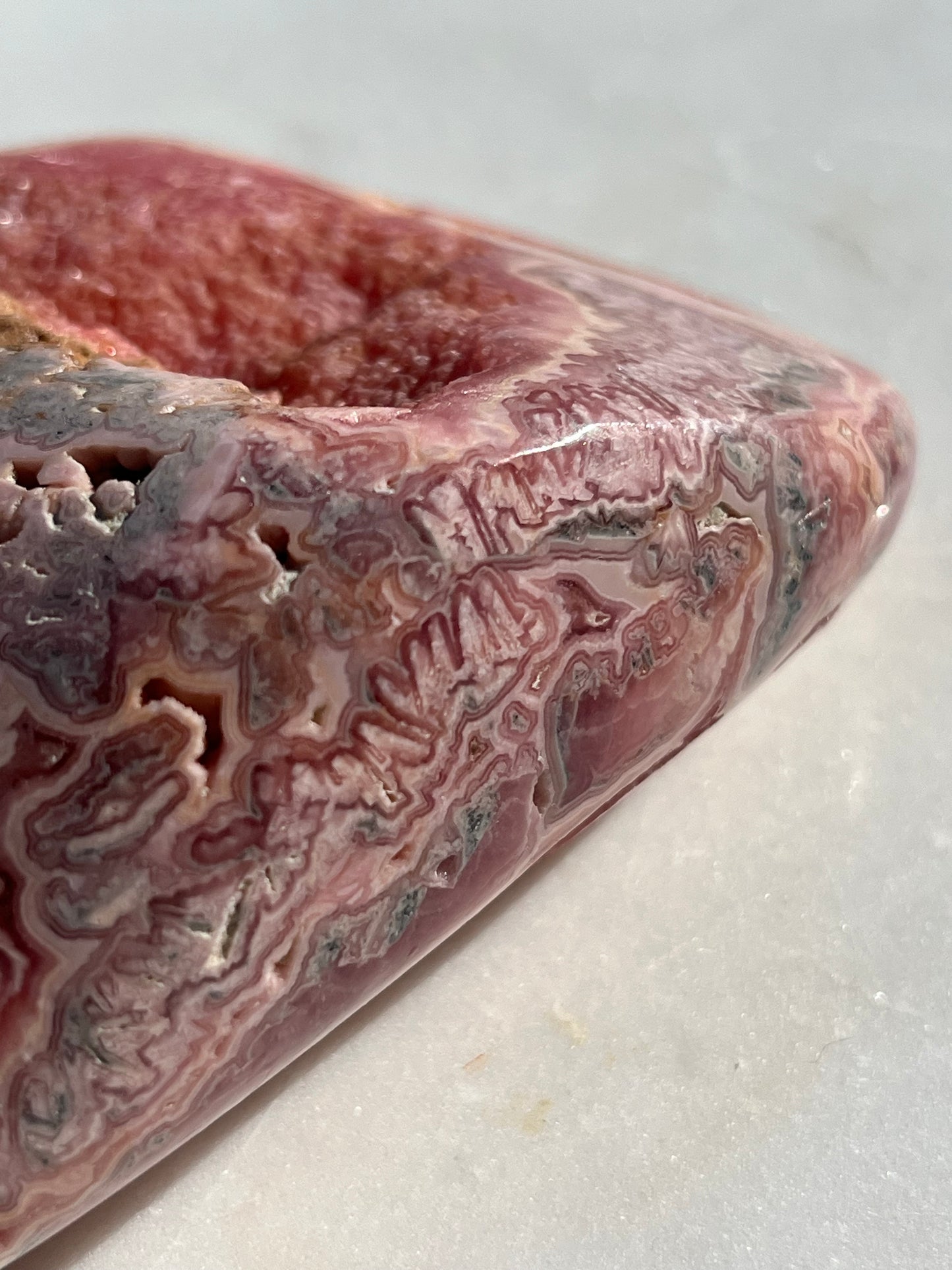 ‘Haven’ Polished Rhodochrosite Vug Freeform w/Terminated Calcite #1