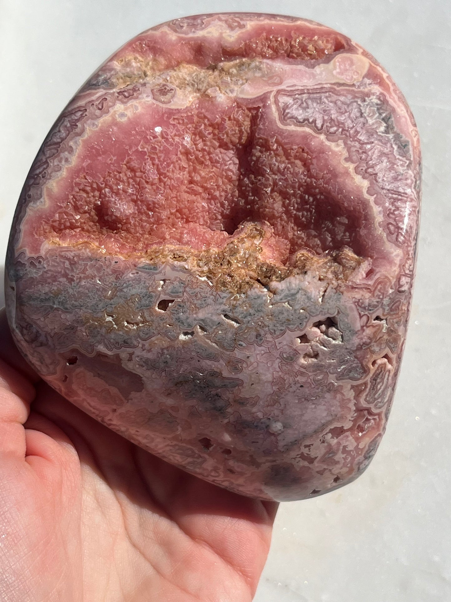 ‘Haven’ Polished Rhodochrosite Vug Freeform w/Terminated Calcite #1