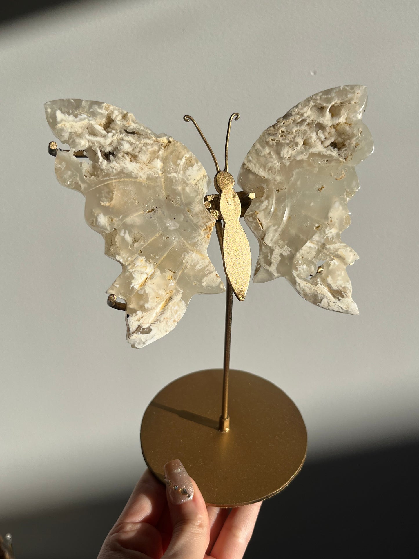 Druzy Flower Agate Butterfly Wings on Gold Stand B