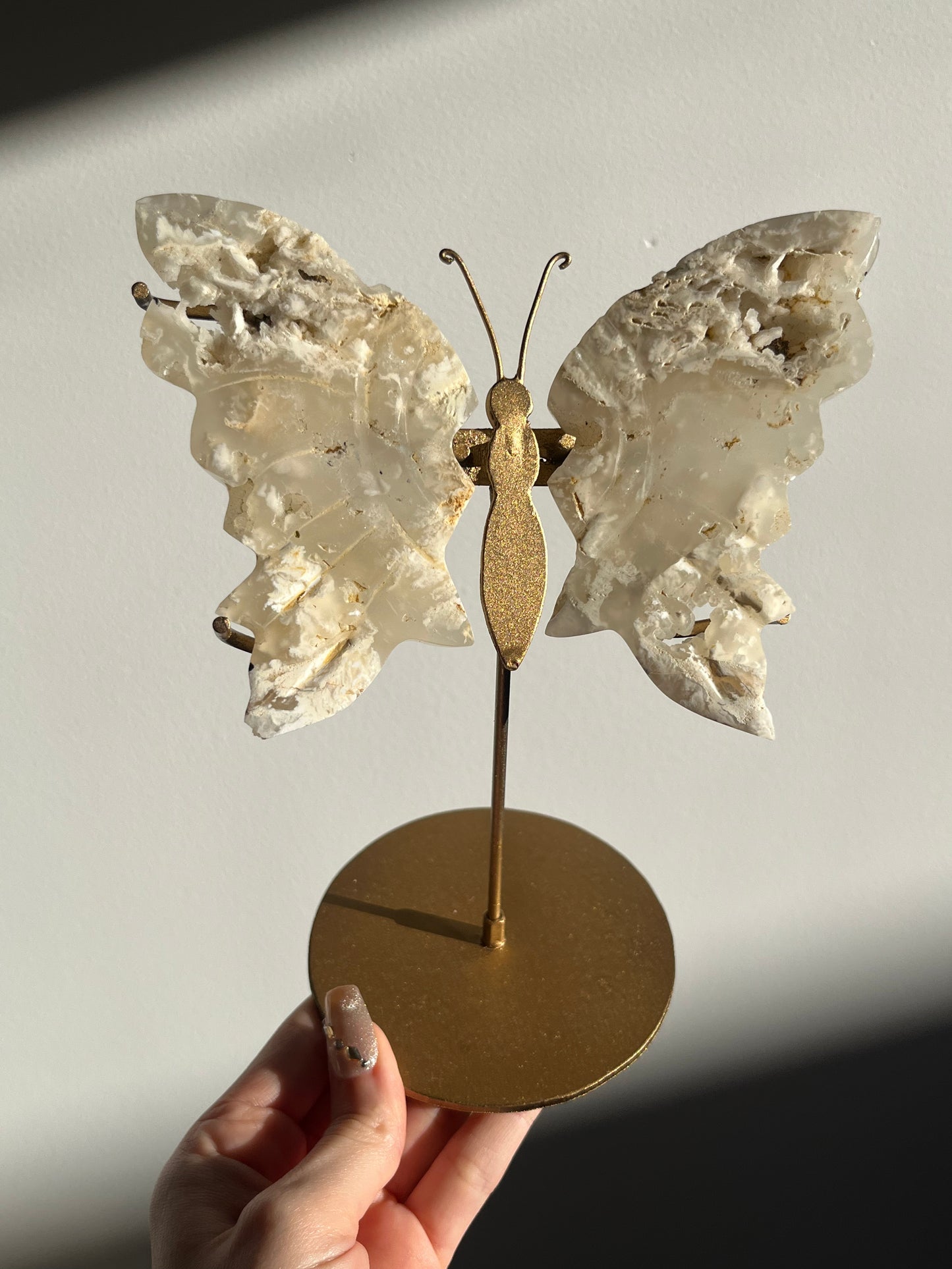 Druzy Flower Agate Butterfly Wings on Gold Stand B