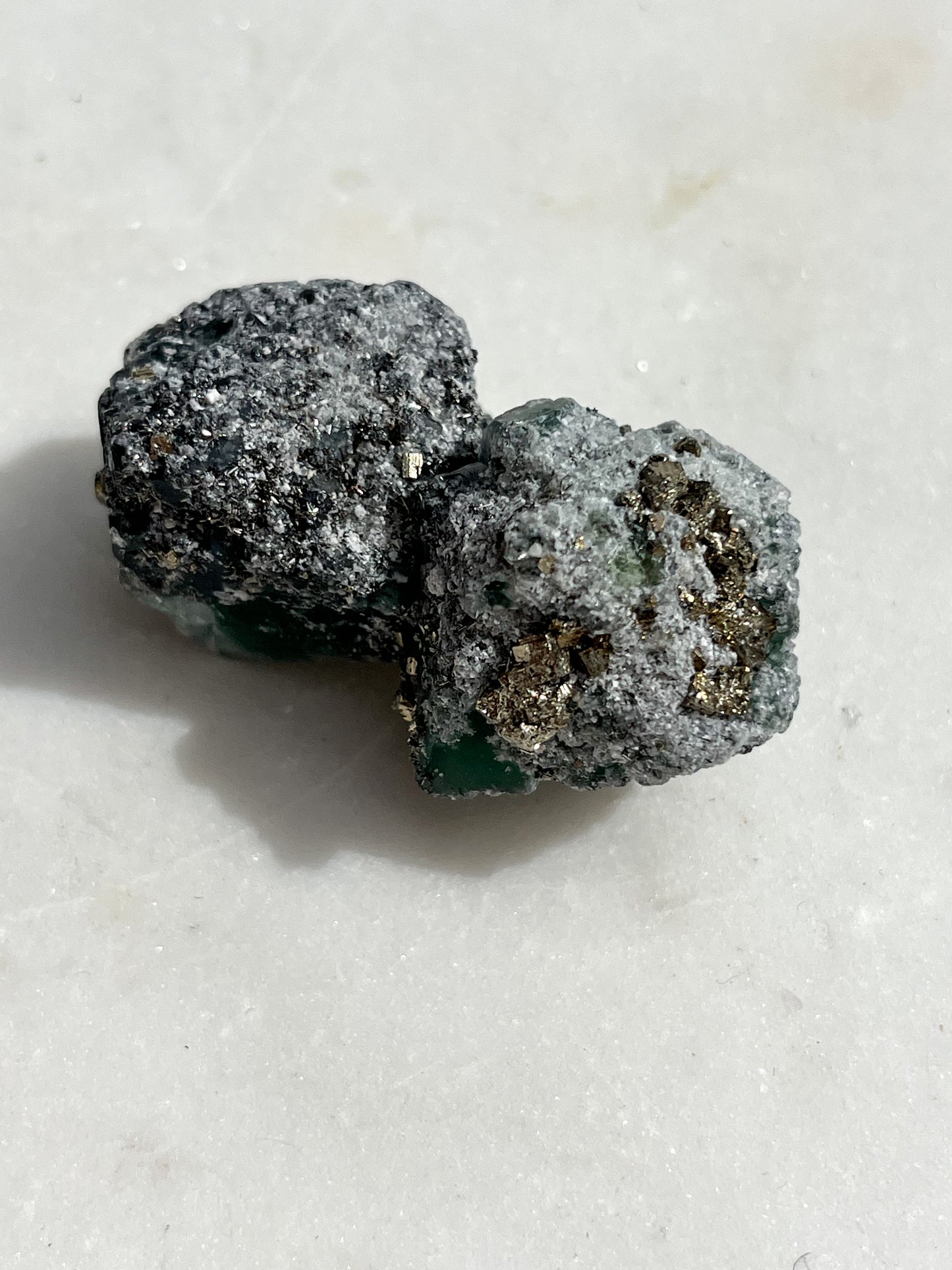 Double Octahedral Peruvian Green Fluorite Coated with Pyrite, Sphalerite & Galena #1 (Collector's Choice)