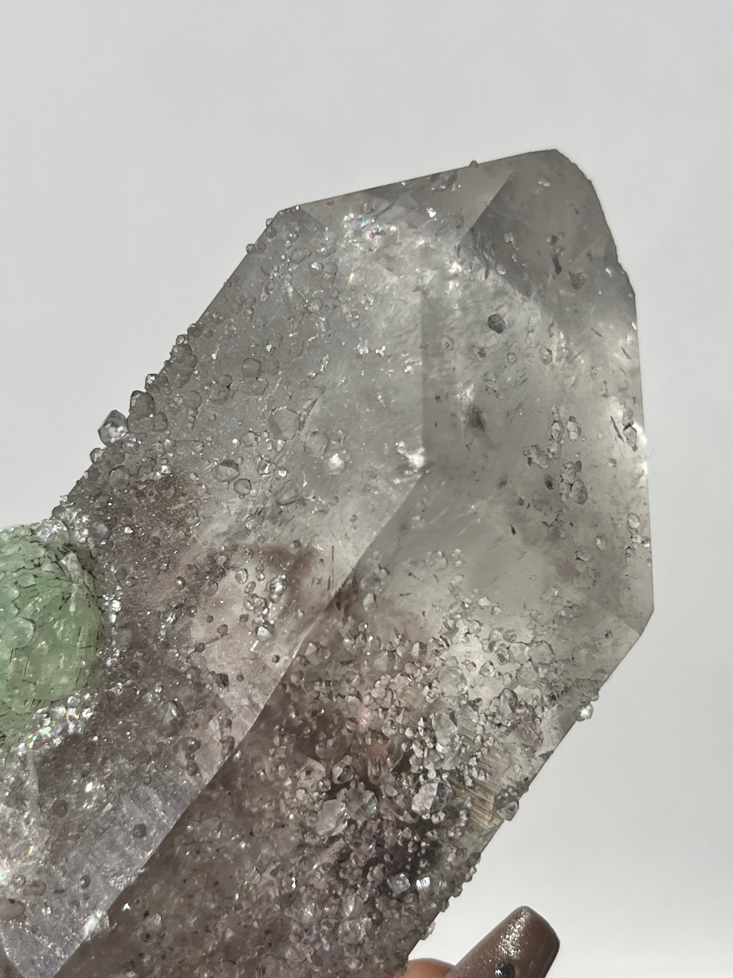 Hollow Core Streep Quartz with Analcime & Prehnite Coating with Epidote Inclusions Specimen with Enhydro (Collector’s Choice)