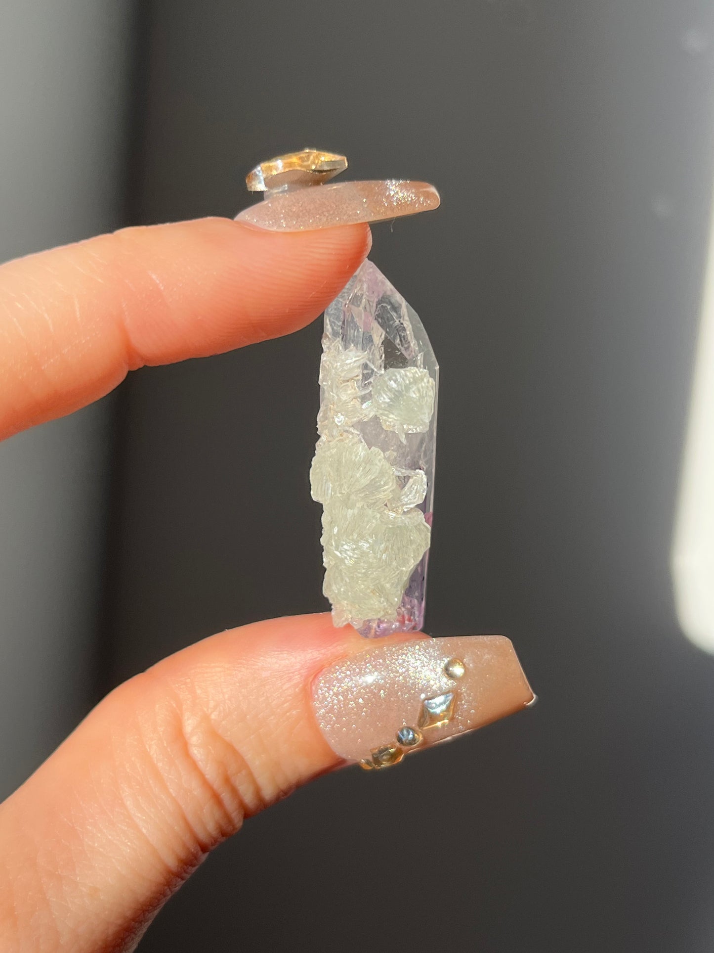 Goboboseb Amethyst Quartz Point with Prehnite Jacket F