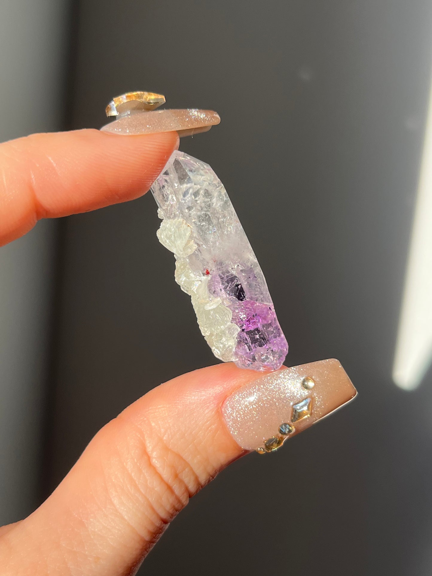 Goboboseb Amethyst Quartz Point with Prehnite Jacket F