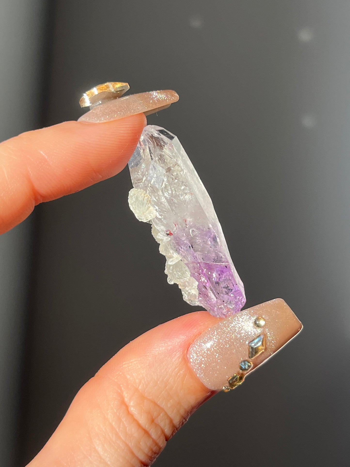 Goboboseb Amethyst Quartz Point with Prehnite Jacket F