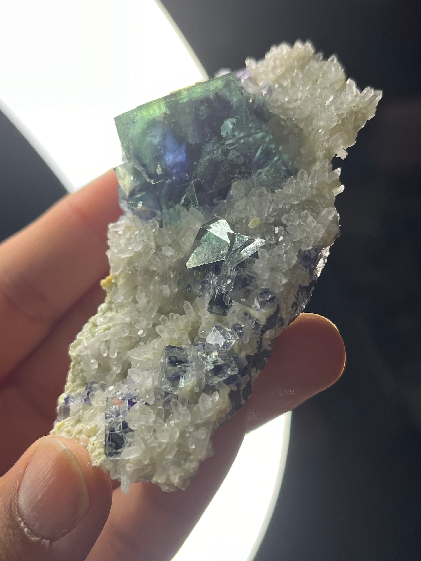 Vibrant Green-Purple Phantom Yindu Fluorite with Quartz Specimen B