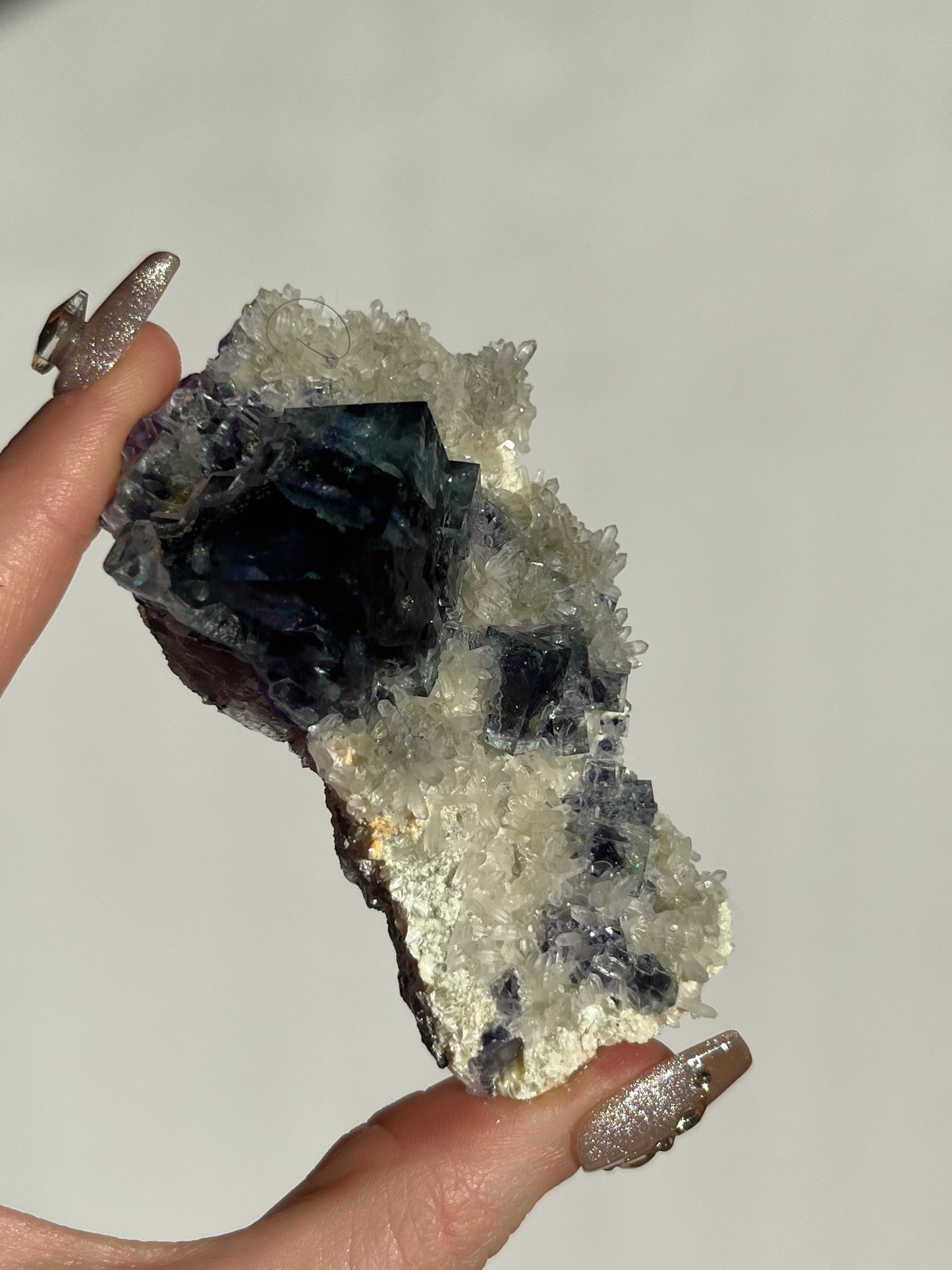 Vibrant Green-Purple Phantom Yindu Fluorite with Quartz Specimen B