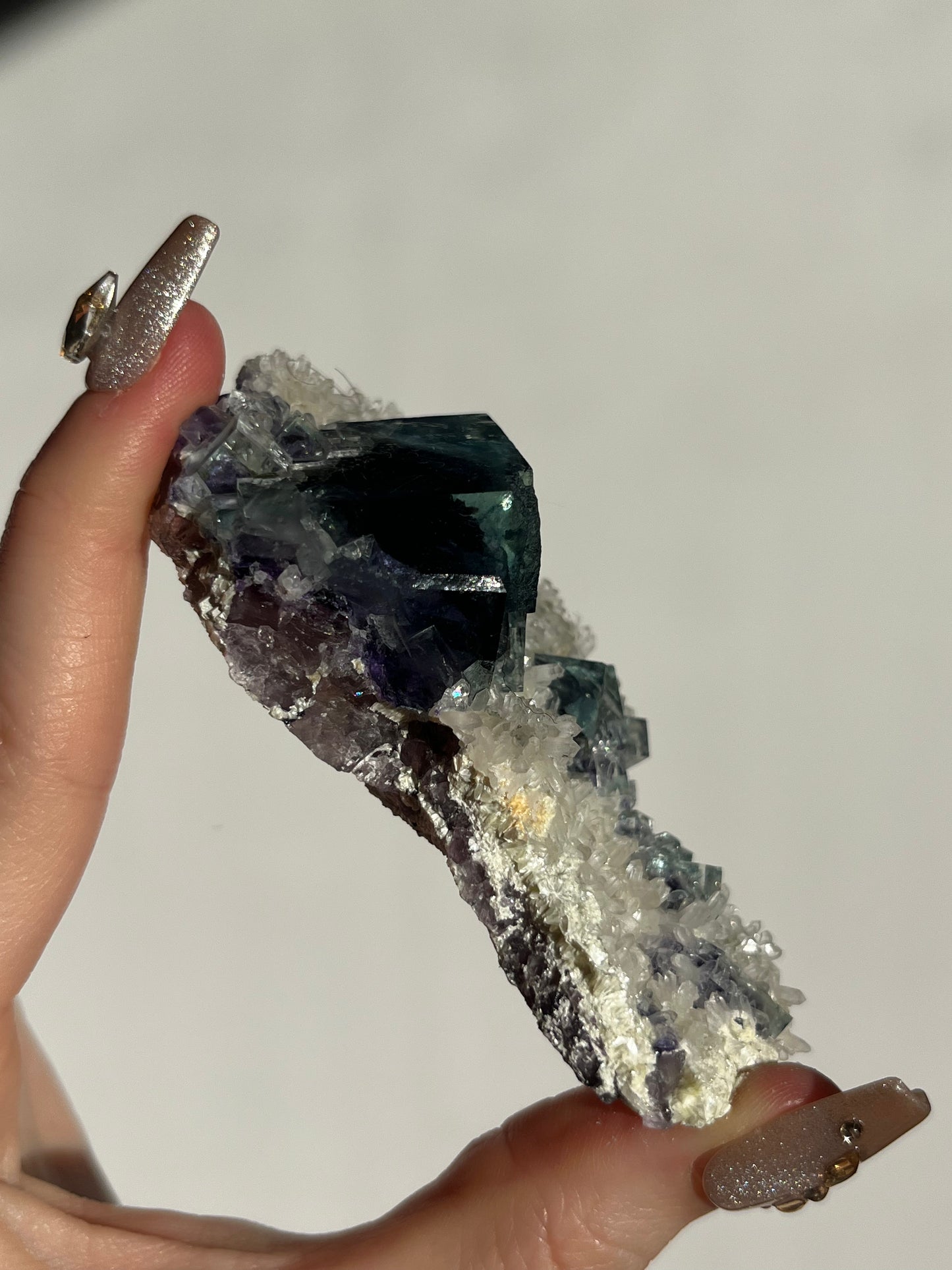 Vibrant Green-Purple Phantom Yindu Fluorite with Quartz Specimen B