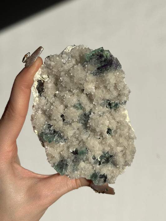 Green-Purple Phantom Yindu Fluorite Specimen with Quartz F