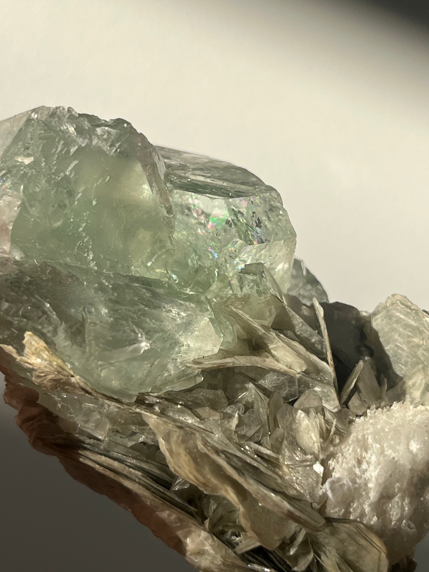 Green Fluorite with Silver Muscovite and Albite Specimen
