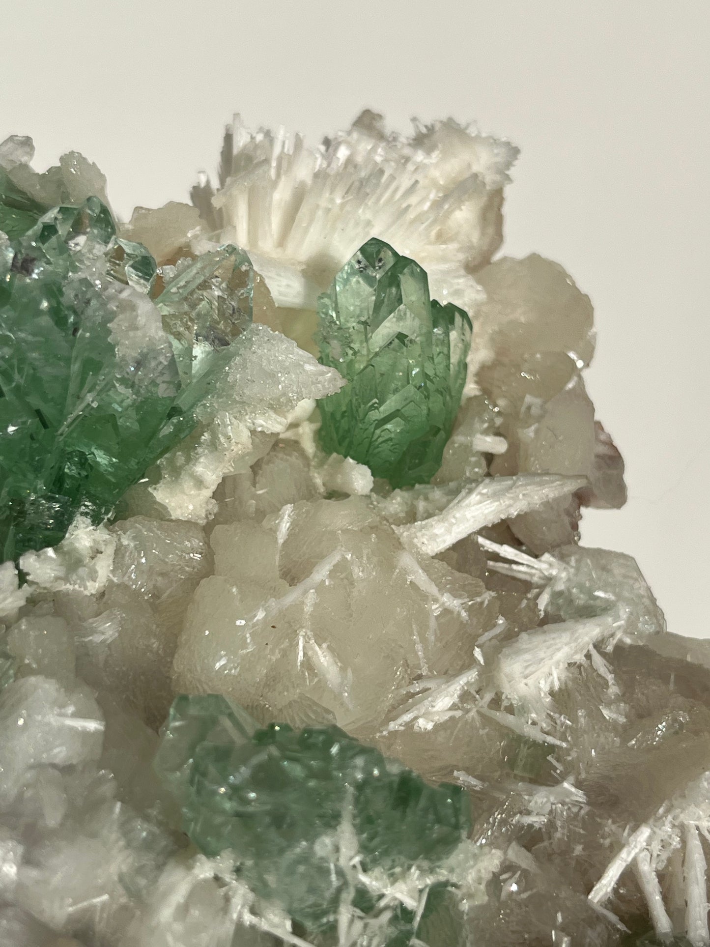 Pointed Fluorapophyllite with Stilbite, Calcite and Scolecite Specimen A