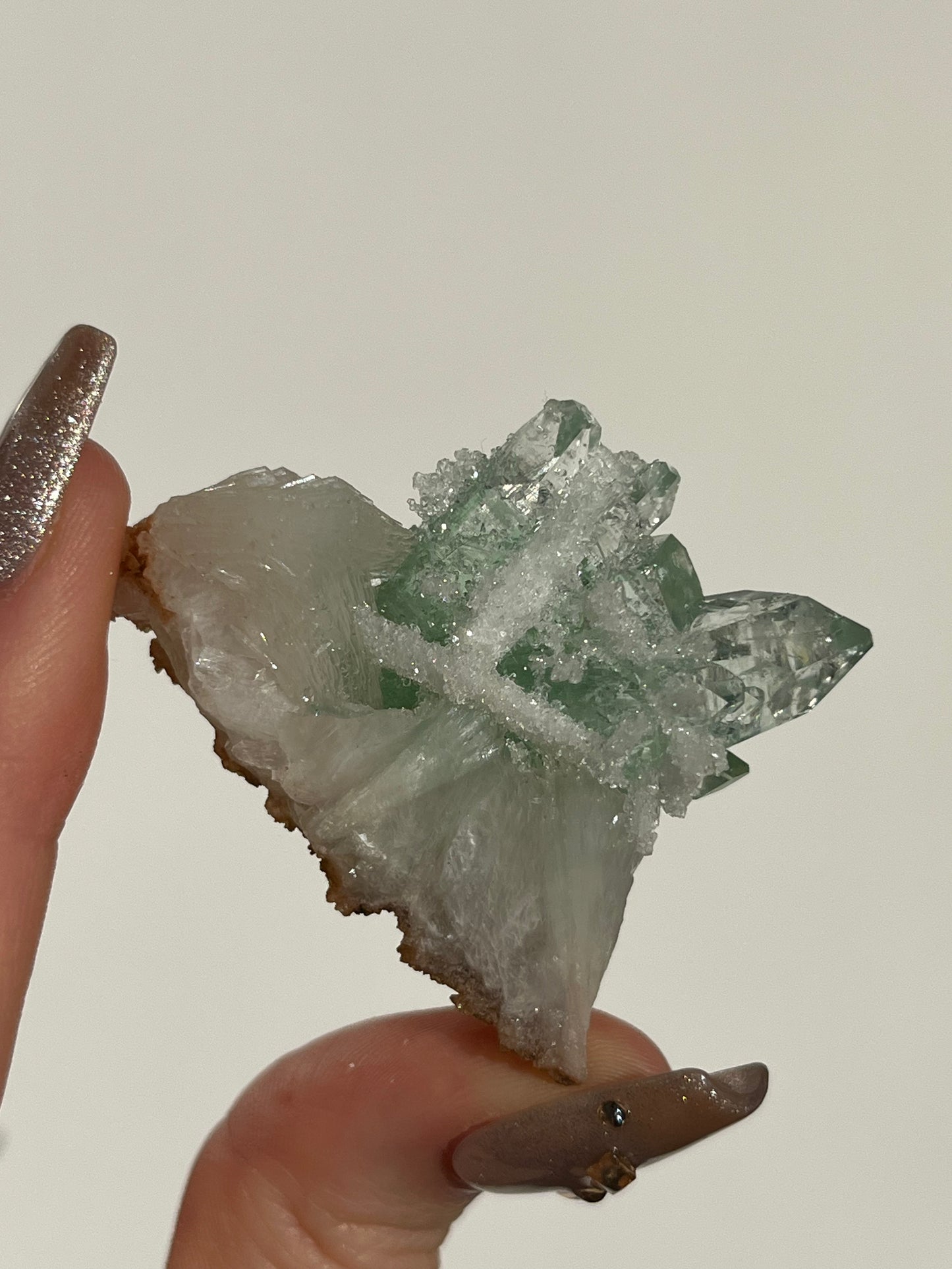 Pointed Fluorapophyllite with Stilbite, Calcite and Scolecite Specimen F