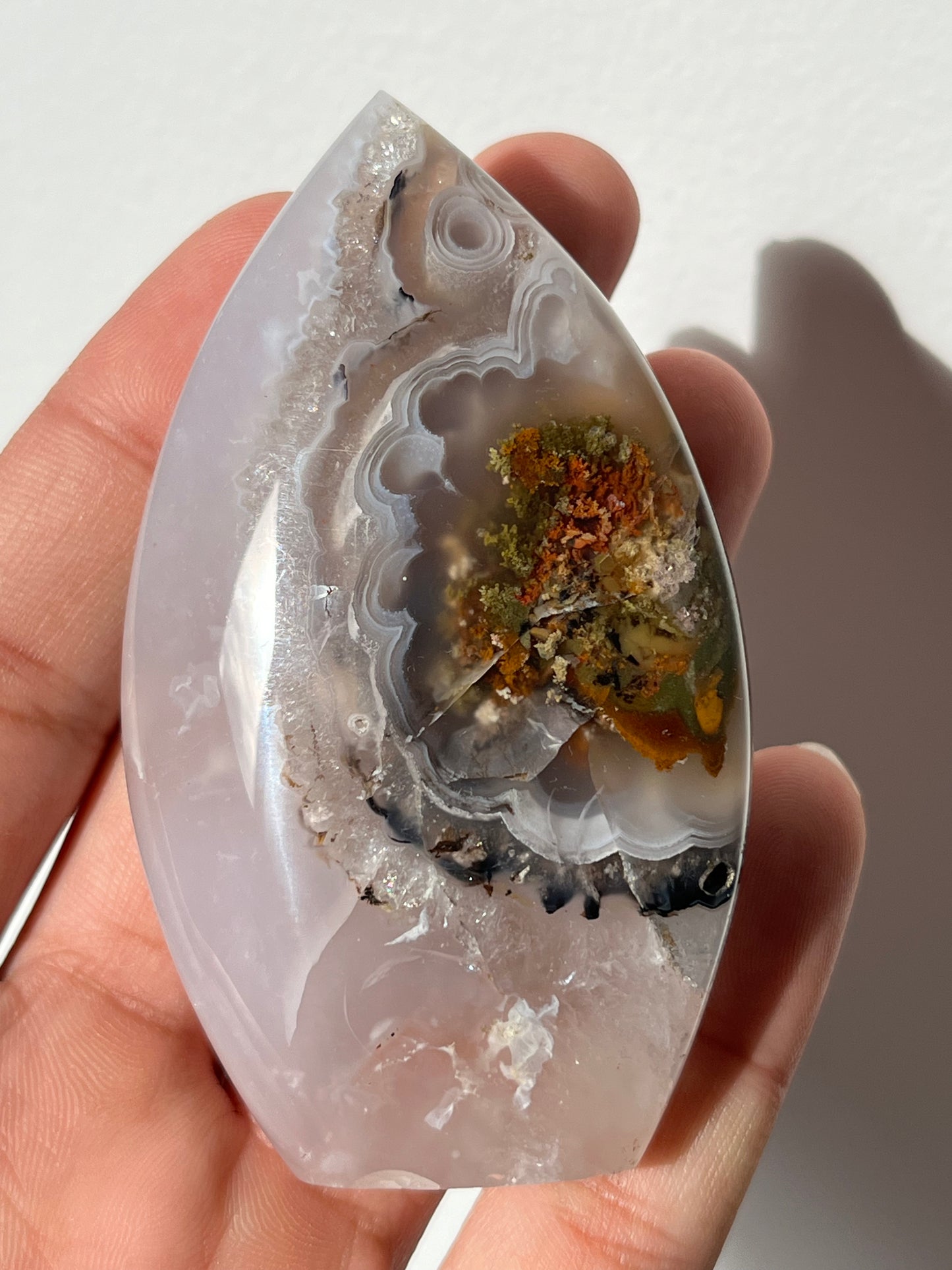 Translucent Nebula Agate and Scenic Moss Flame Carving with Dendritic Inclusions E
