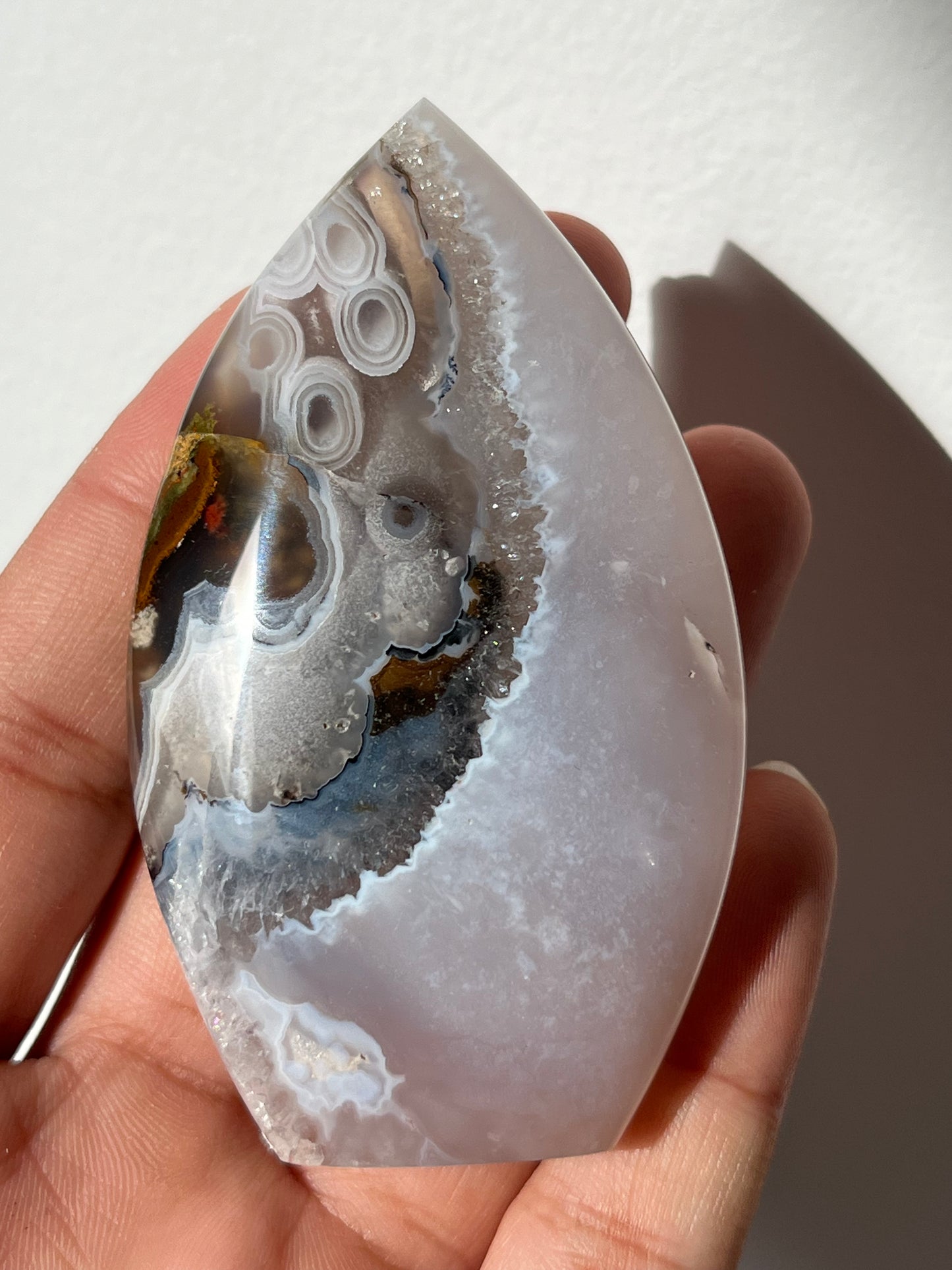 Translucent Nebula Agate and Scenic Moss Flame Carving with Dendritic Inclusions E
