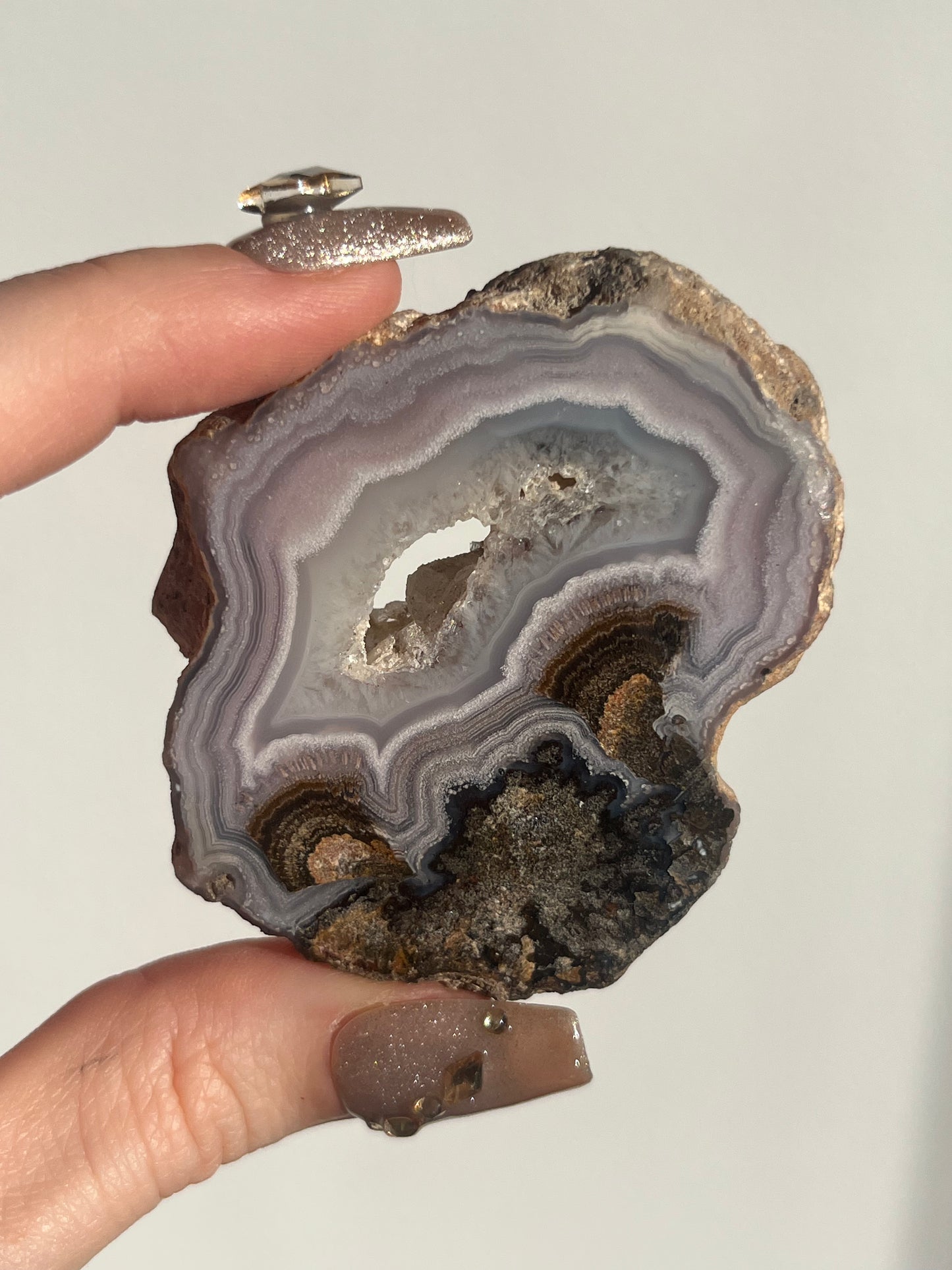 Purple Laguna Agate Slice with Sagenite Inclusions and Parallax Effect E