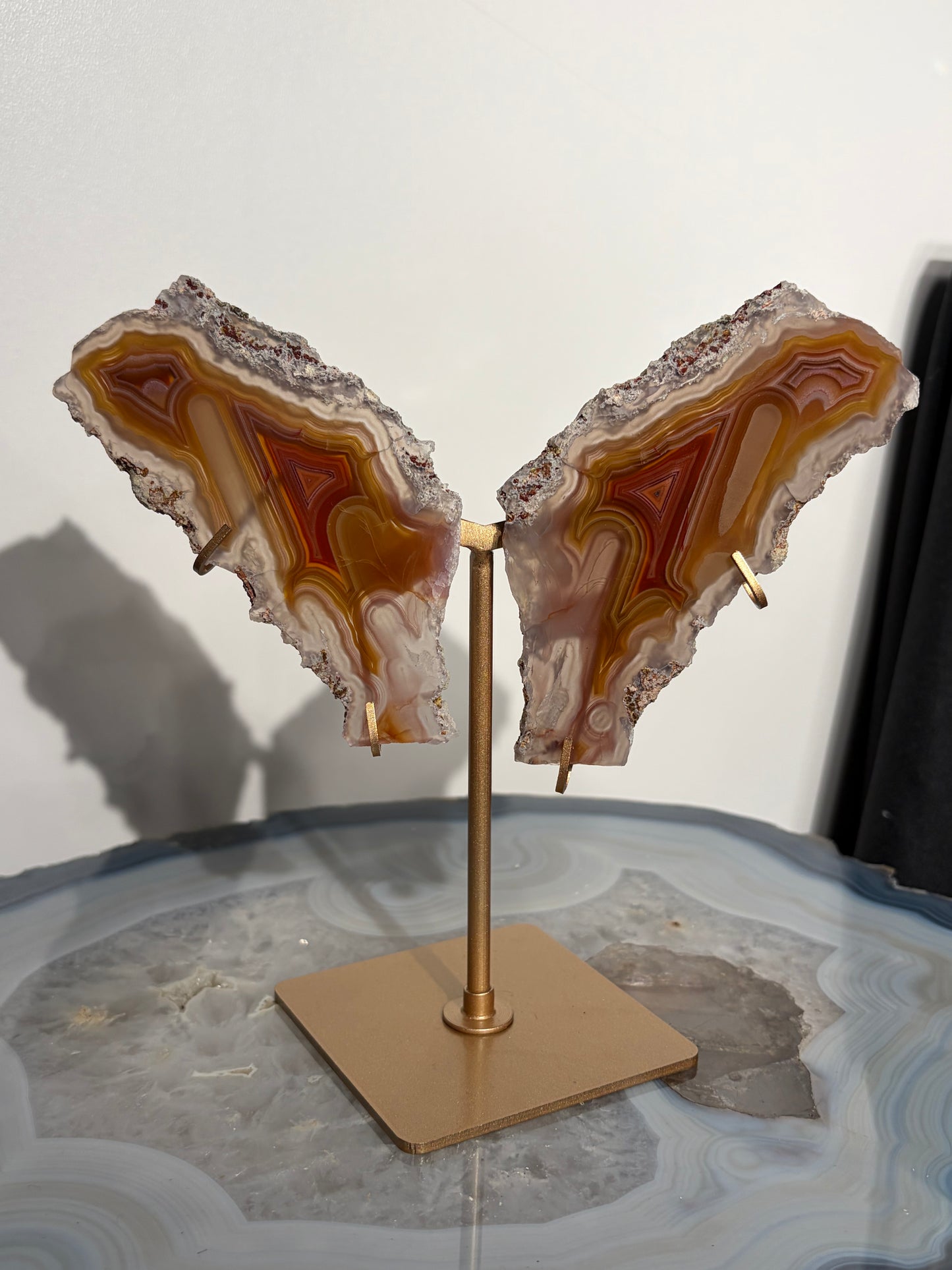 "Ophelia Rising" Red-Orange Laguna Agate Butterfly Wing Set with Parallax Effect