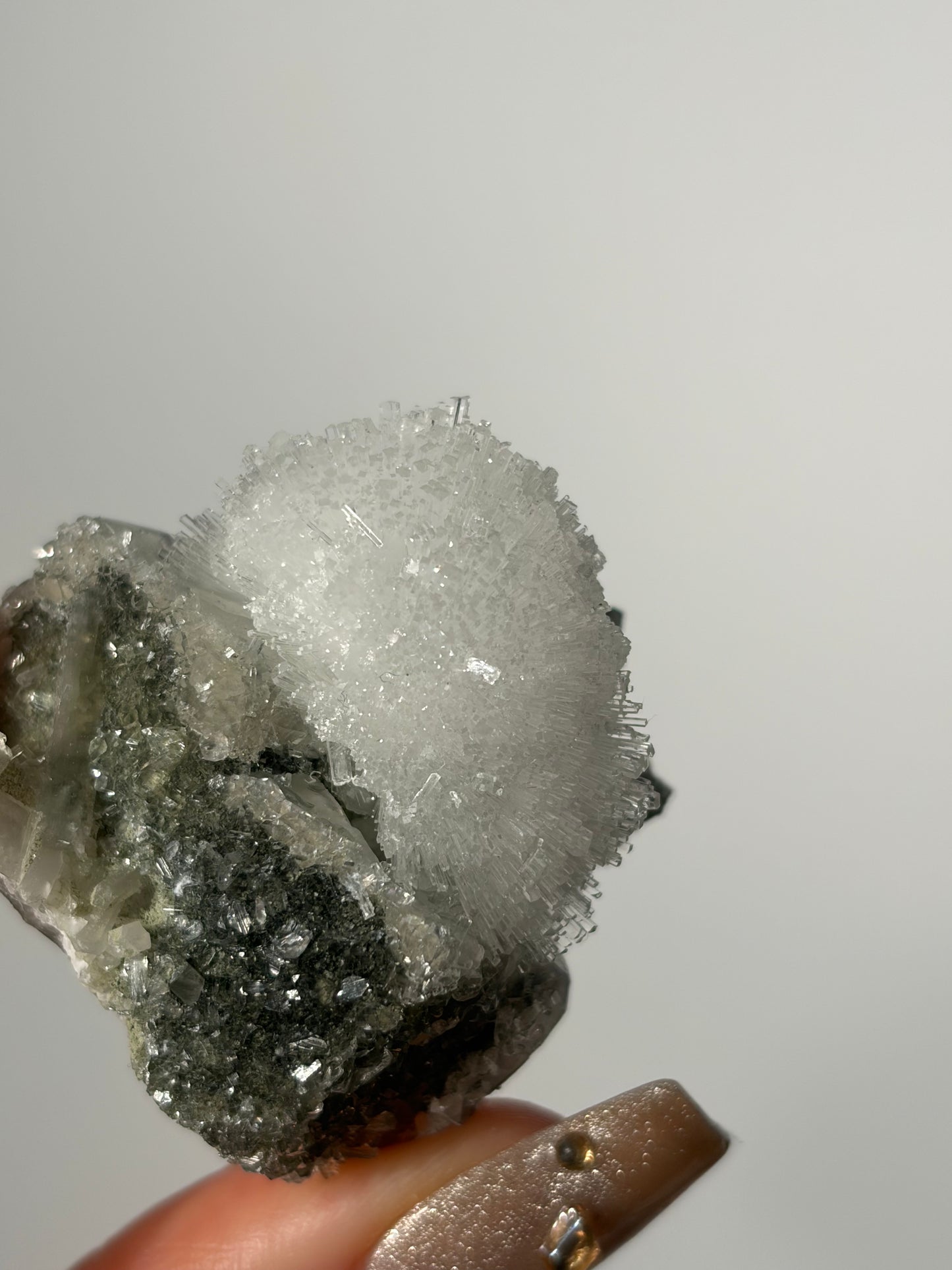Natrolite Specimen with Quartz and Apophyllite Coated Rhombohedral Calcite F