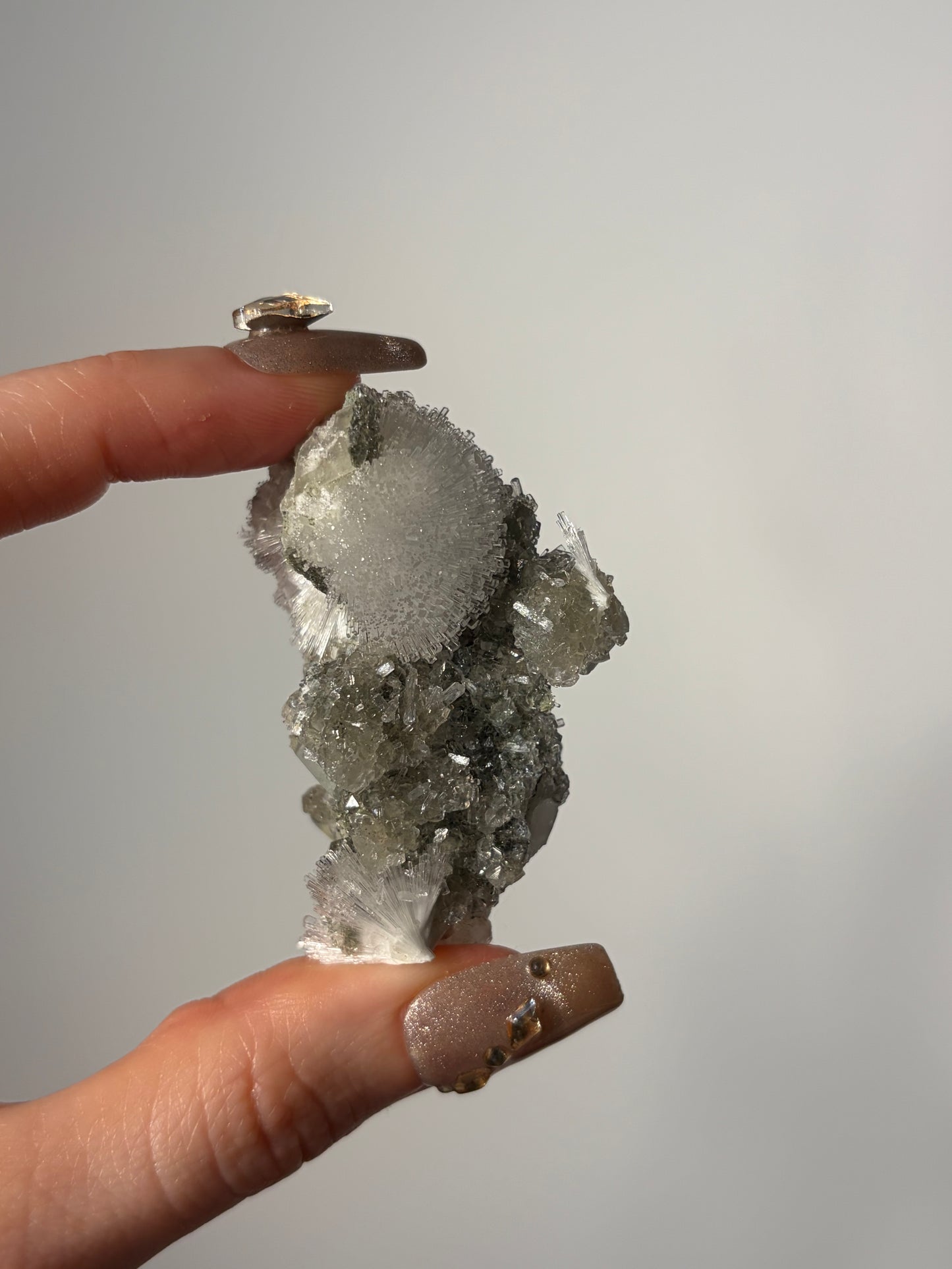Natrolite Specimen with Quartz and Apophyllite Coated Rhombohedral Calcite M