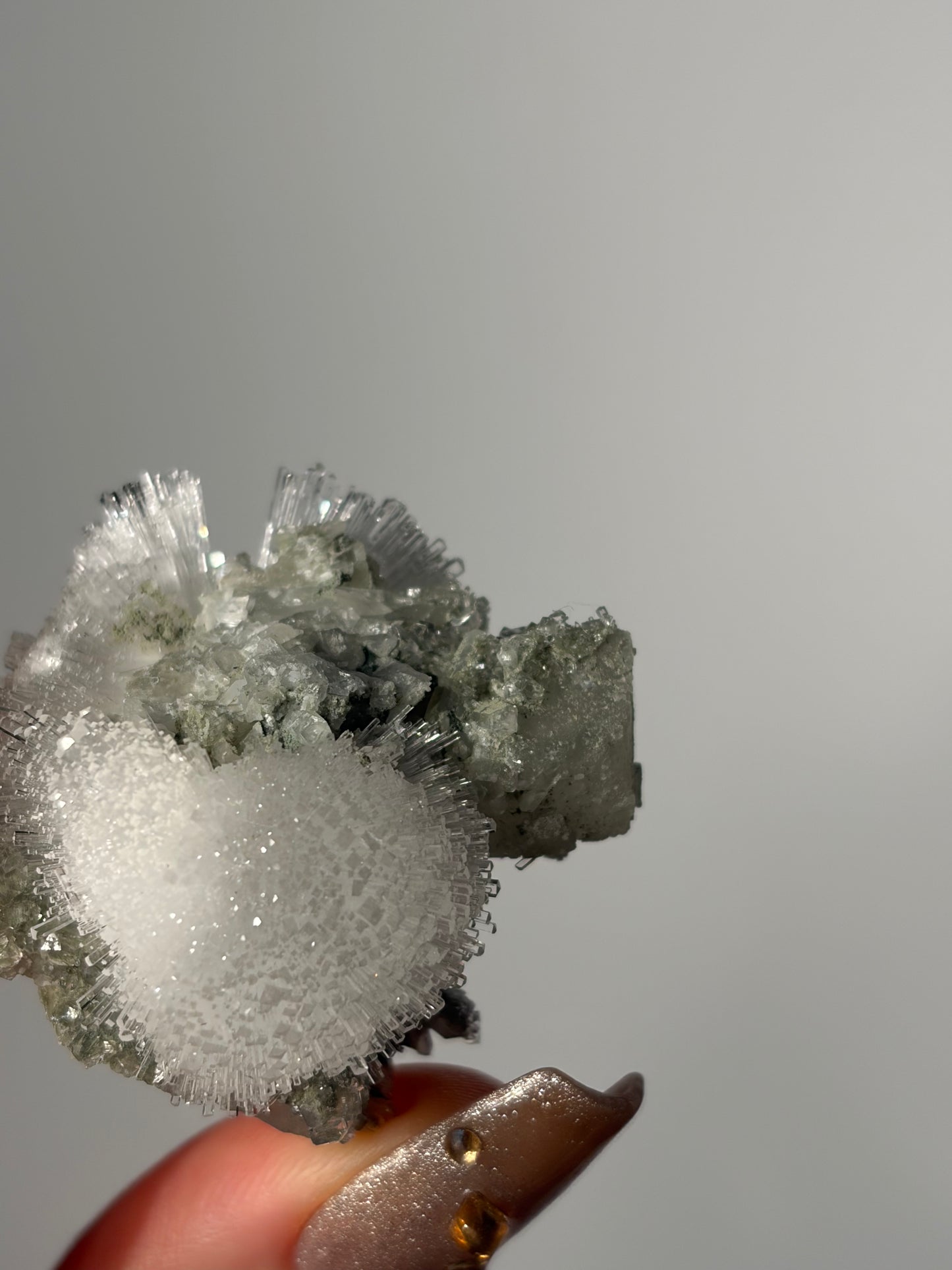 Natrolite Specimen with Quartz and Apophyllite Coated Rhombohedral Calcite P