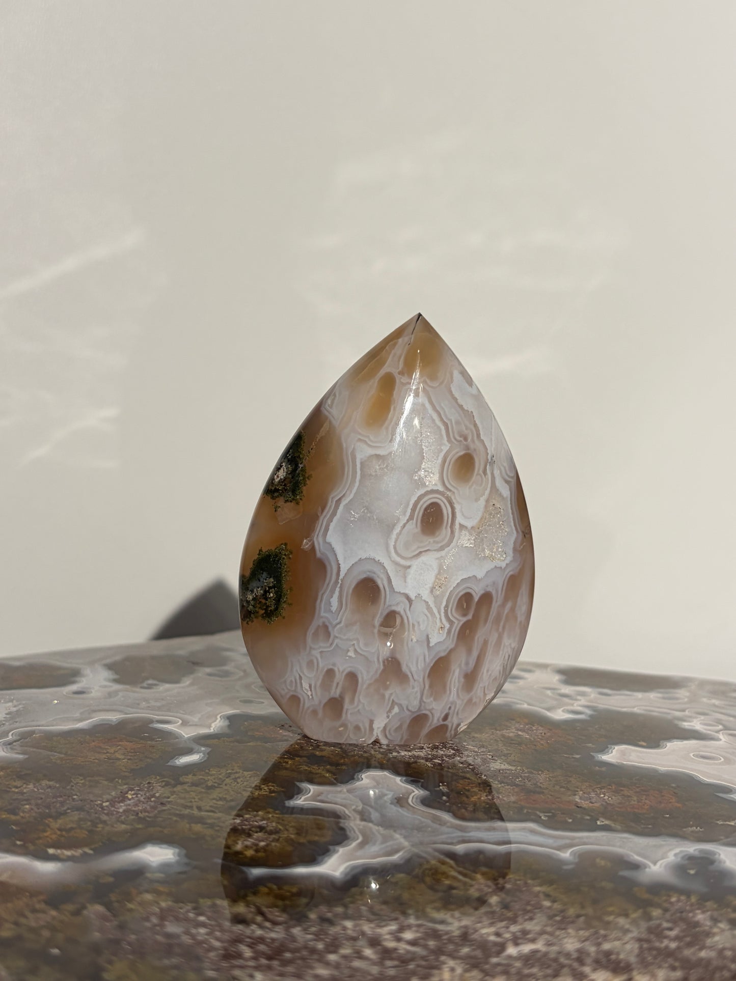 “Cyan Blooms” Jelly Orbicular Nebula Agate Flame Carving with Green Moss A
