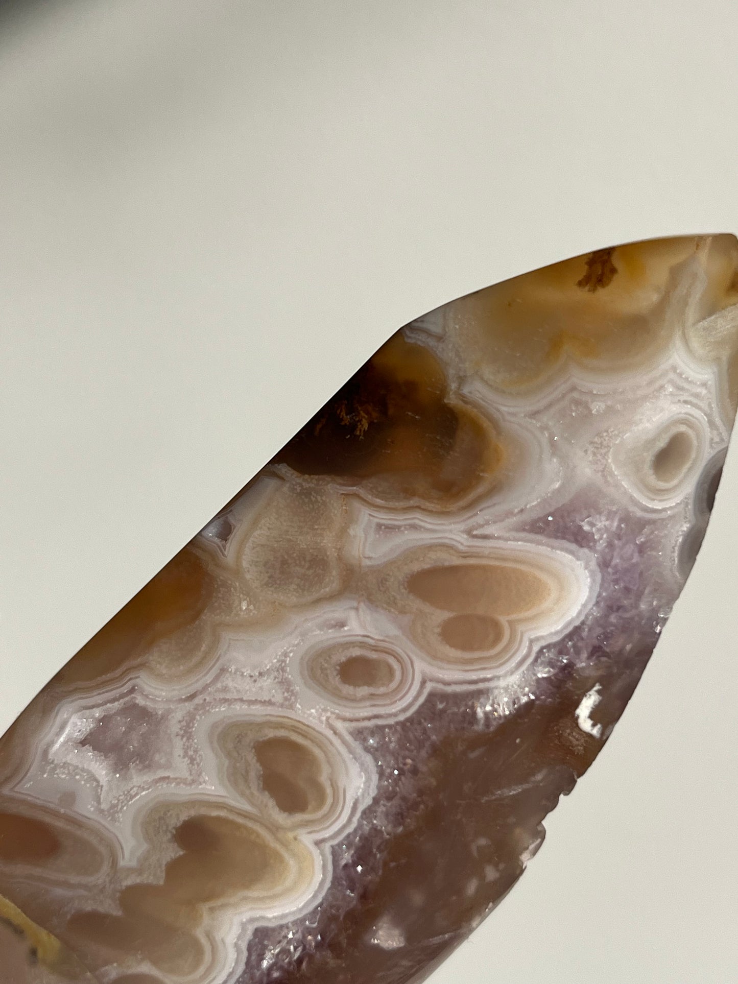 Orbicular Nebula Agate Freeform with Carnelian, Flower Chalcedony, Amethyst & Multicoloured Moss Inclusions E (Parallax Effect)