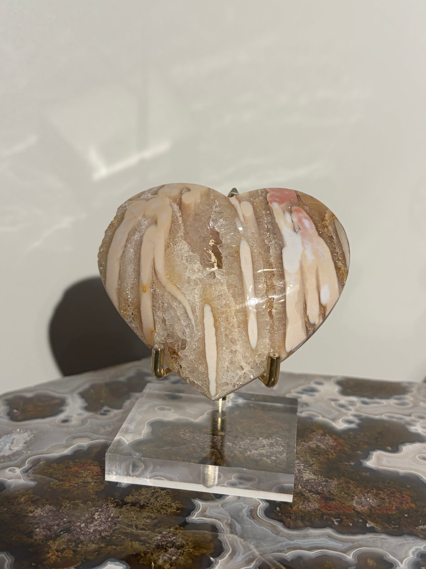 “Blush Worlds” Pink Orbicular Nebula Agate with Golden Healer Heart Carving