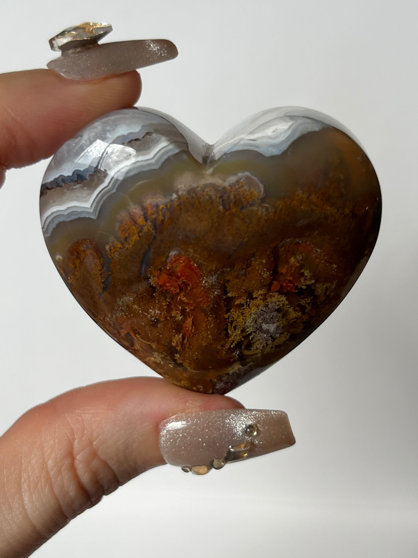 Orbicular Nebula Agate Puffy Heart with Red Moss and Dendritic Inclusions Q