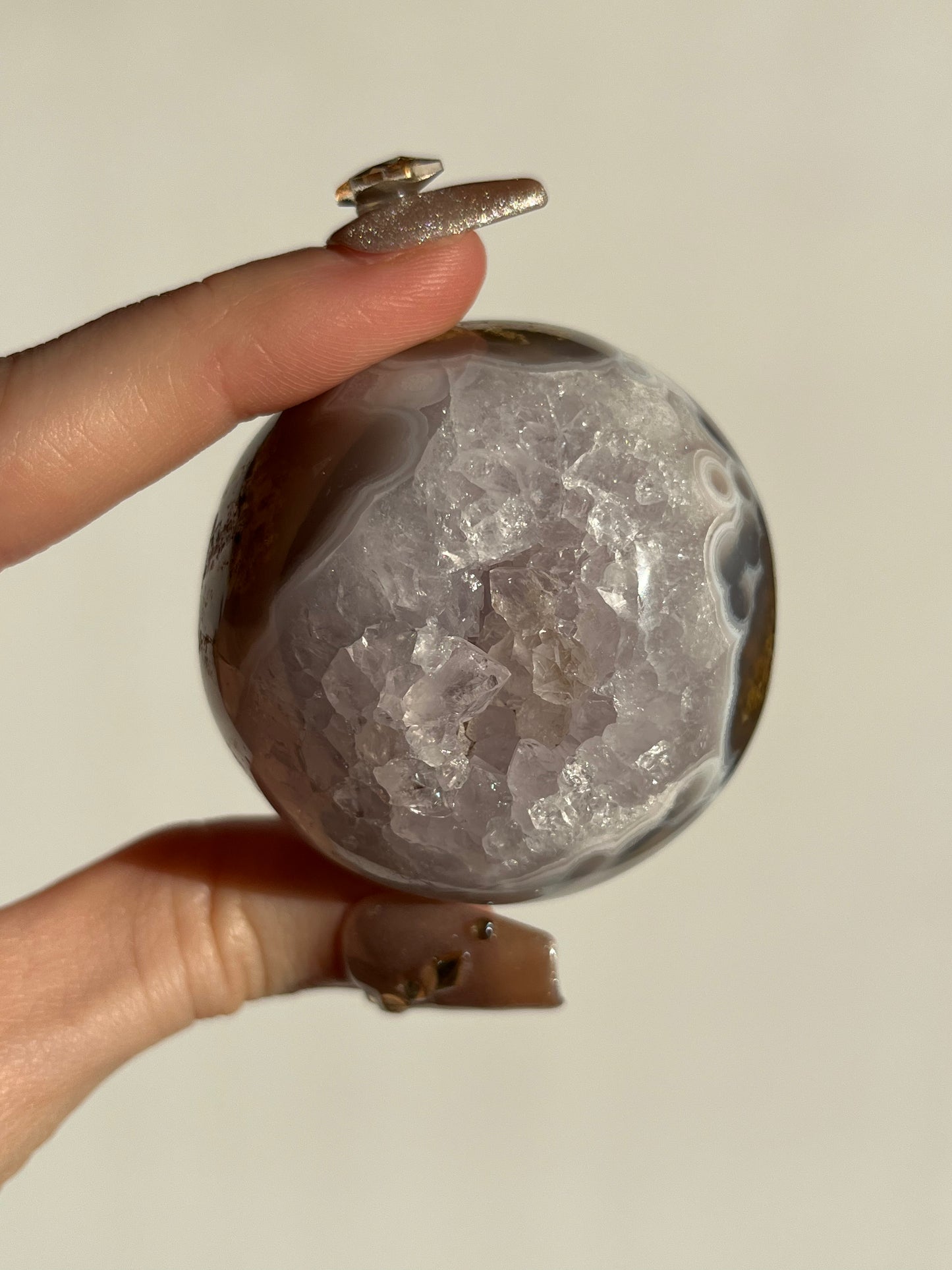 Orbicular Nebula Agate with Amethyst and Scenic Moss Sphere F