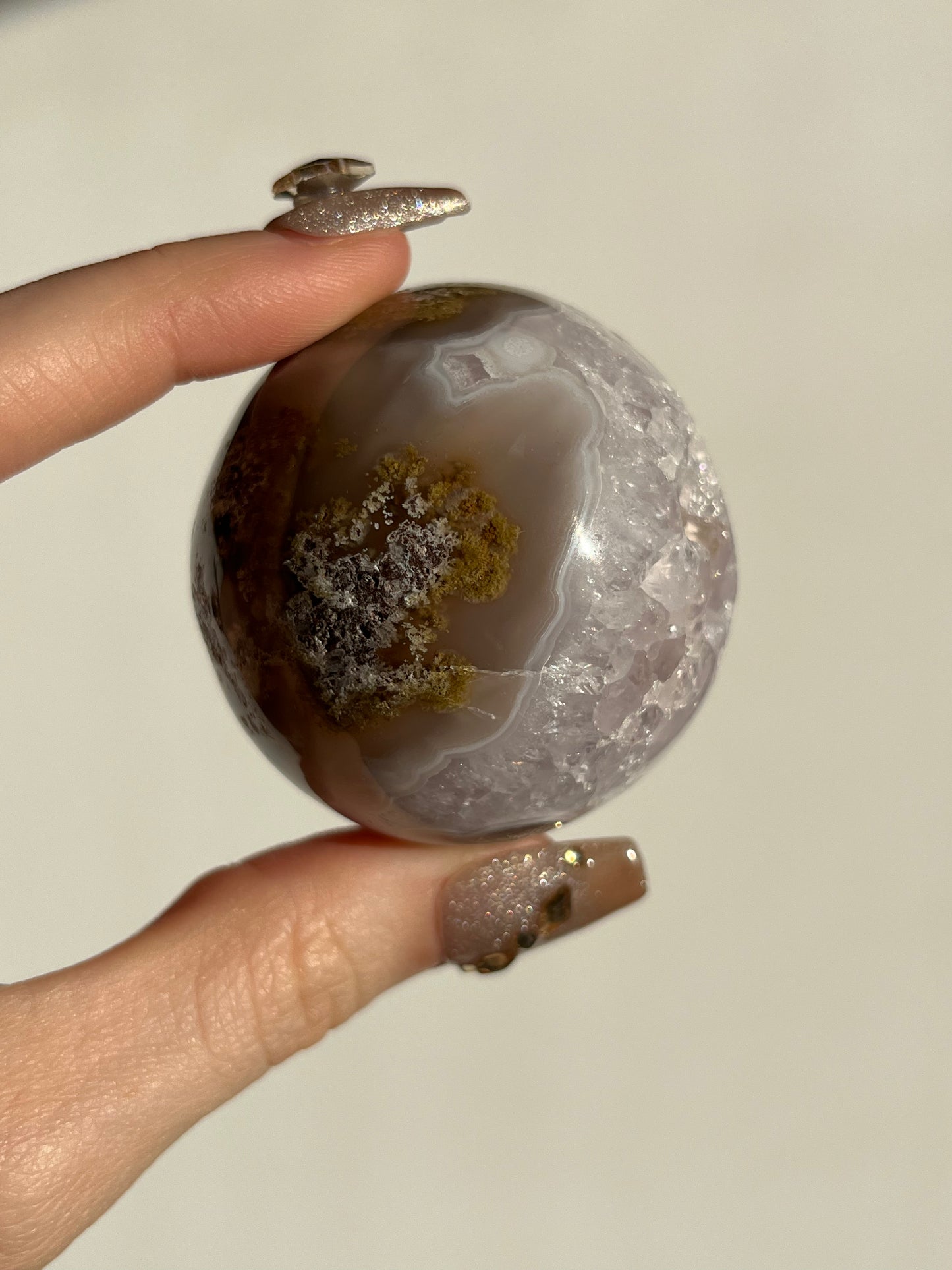 Orbicular Nebula Agate with Amethyst and Scenic Moss Sphere F