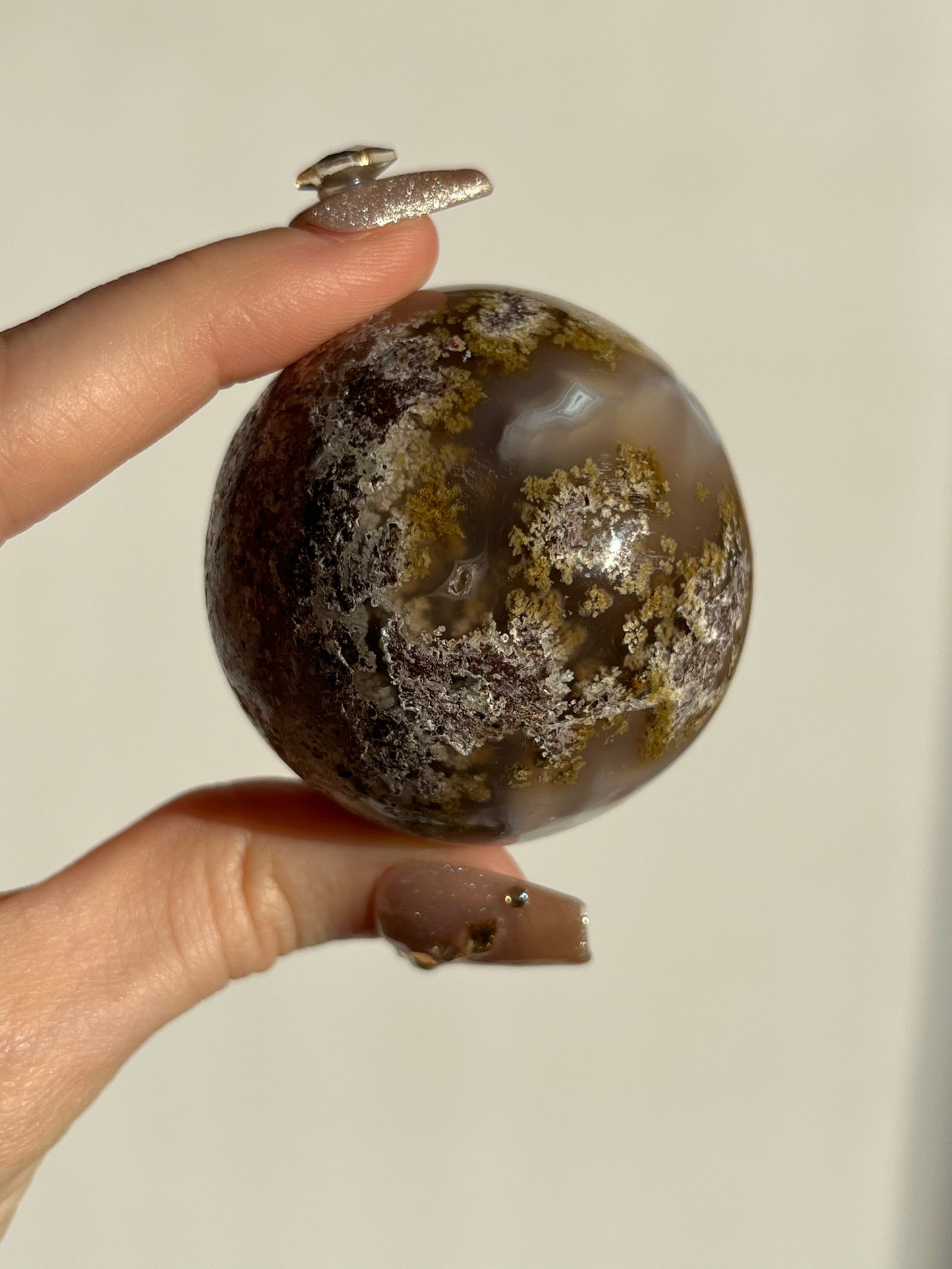 Orbicular Nebula Agate with Amethyst and Scenic Moss Sphere F