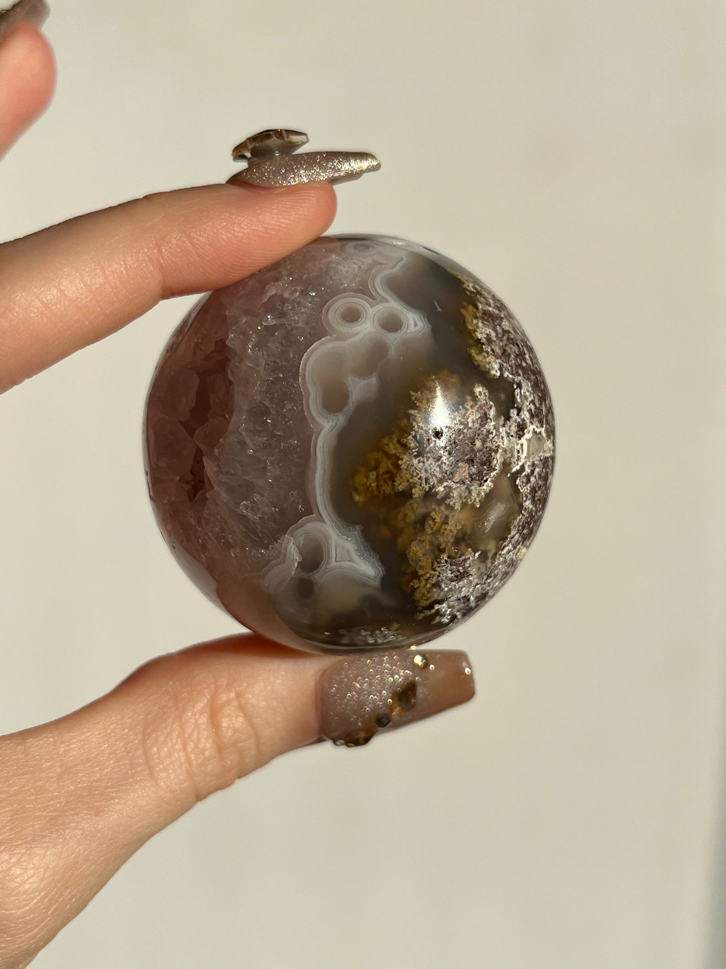 Orbicular Nebula Agate with Amethyst and Scenic Moss Sphere F