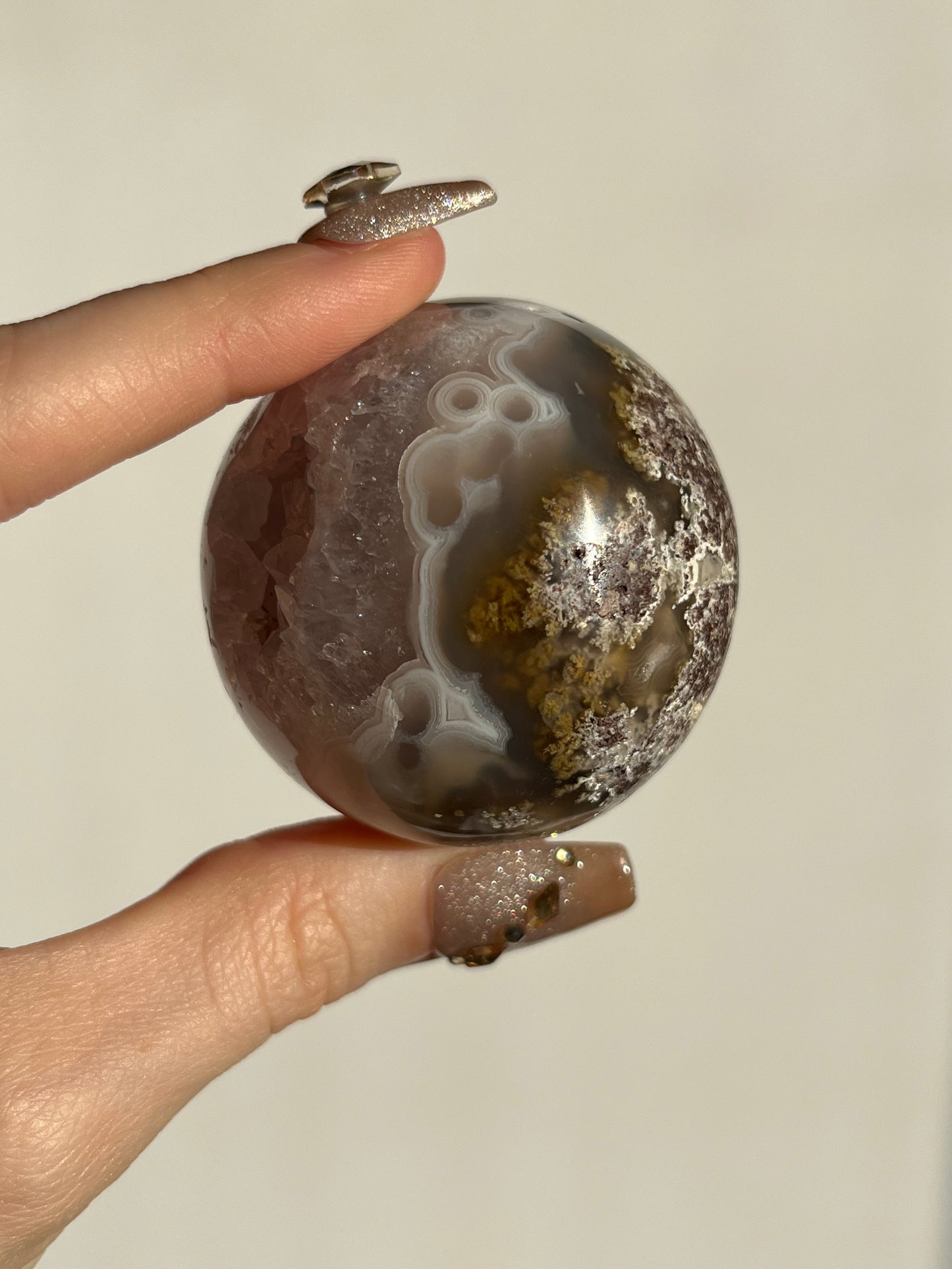 Orbicular Nebula Agate with Amethyst and Scenic Moss Sphere F