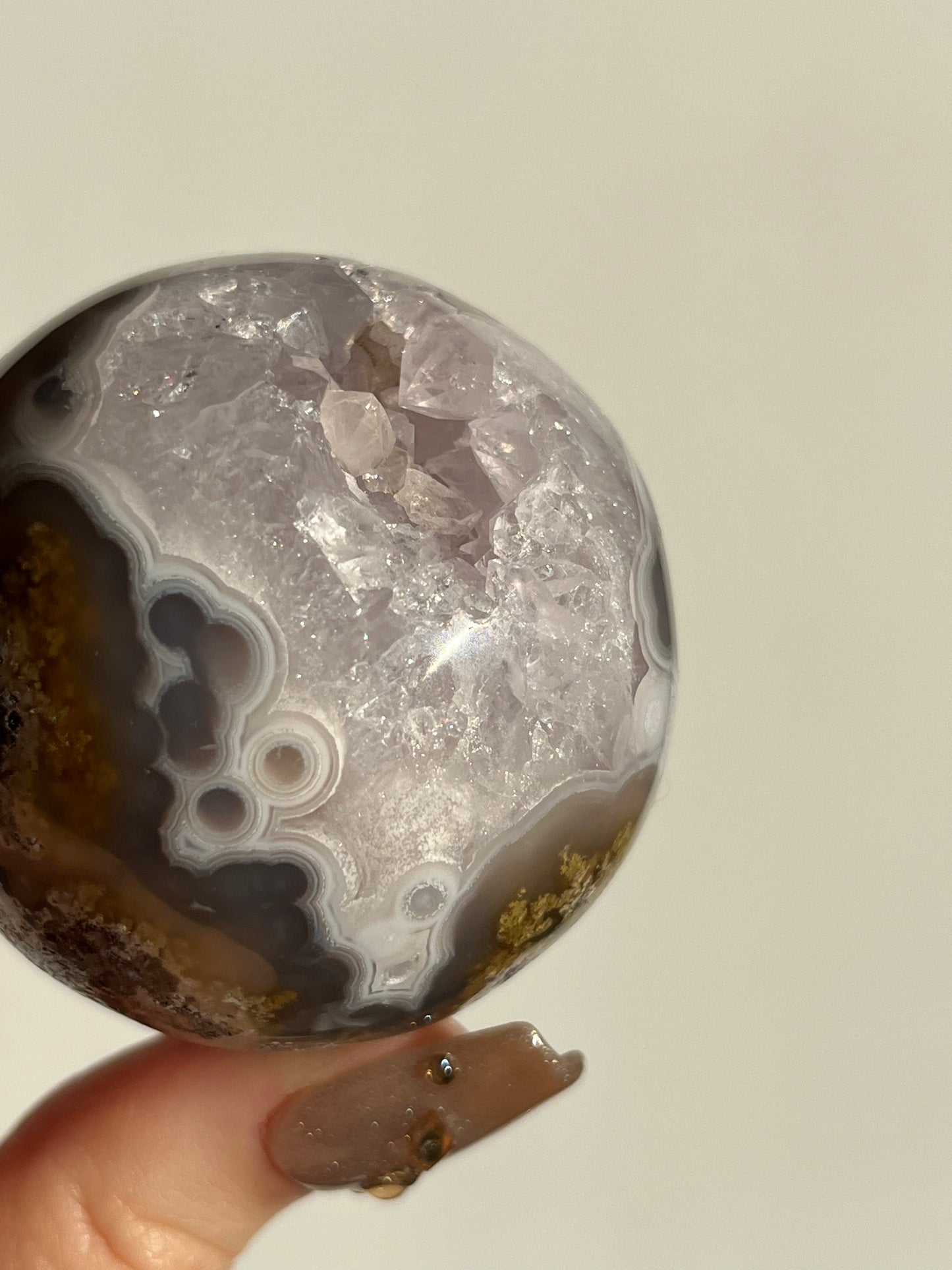 Orbicular Nebula Agate with Amethyst and Scenic Moss Sphere F