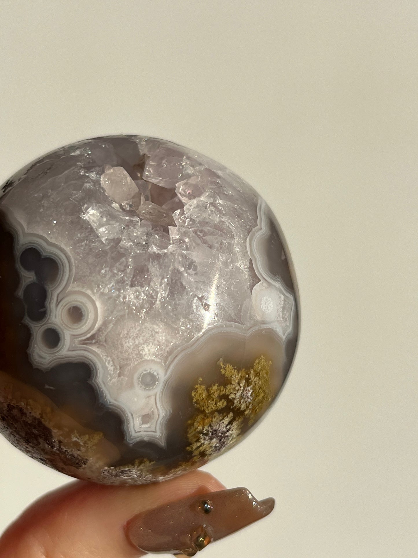 Orbicular Nebula Agate with Amethyst and Scenic Moss Sphere F