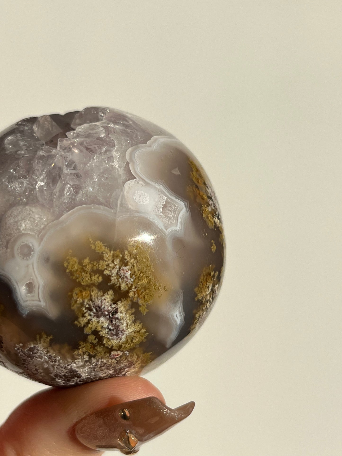Orbicular Nebula Agate with Amethyst and Scenic Moss Sphere F