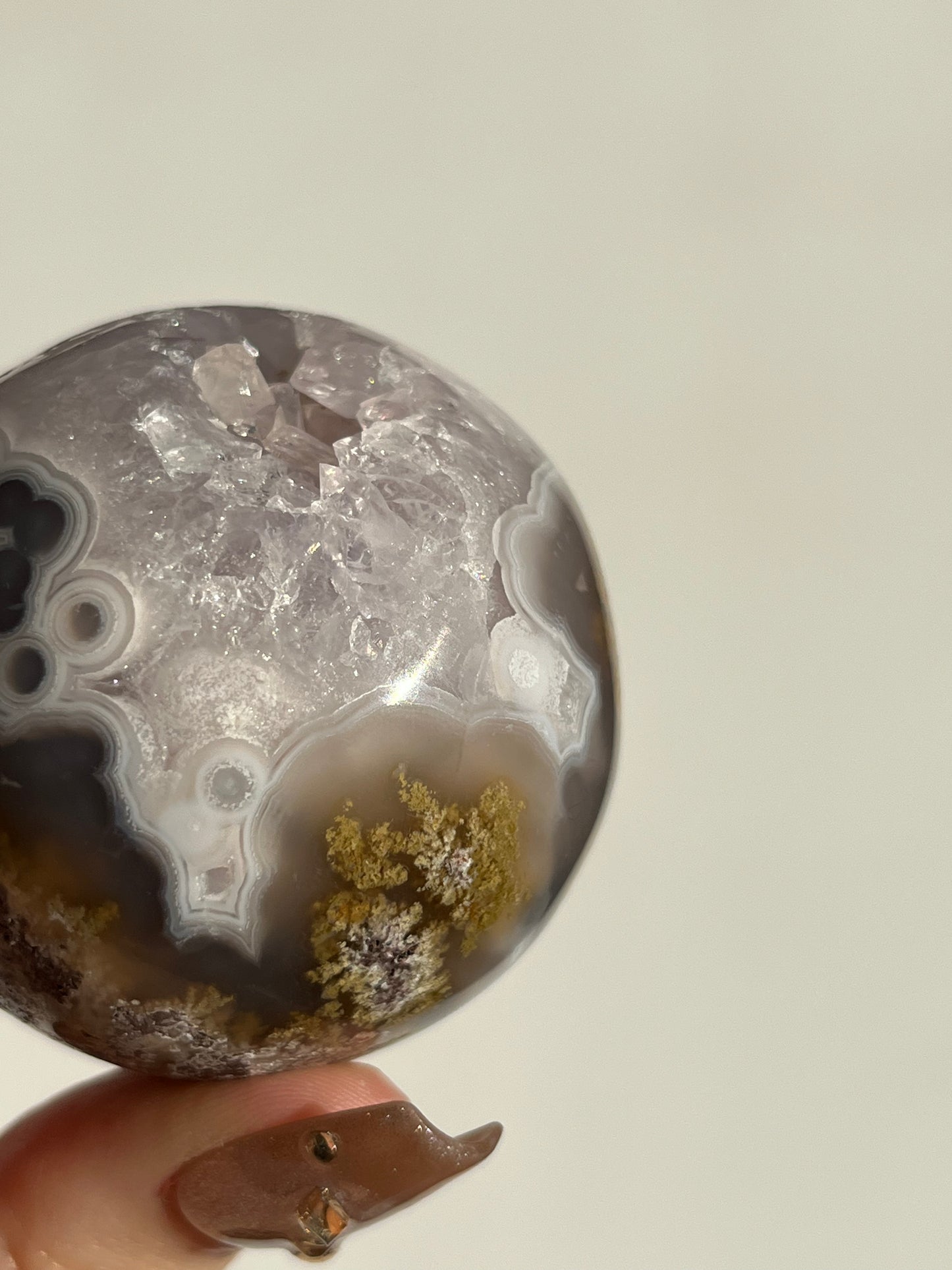 Orbicular Nebula Agate with Amethyst and Scenic Moss Sphere F
