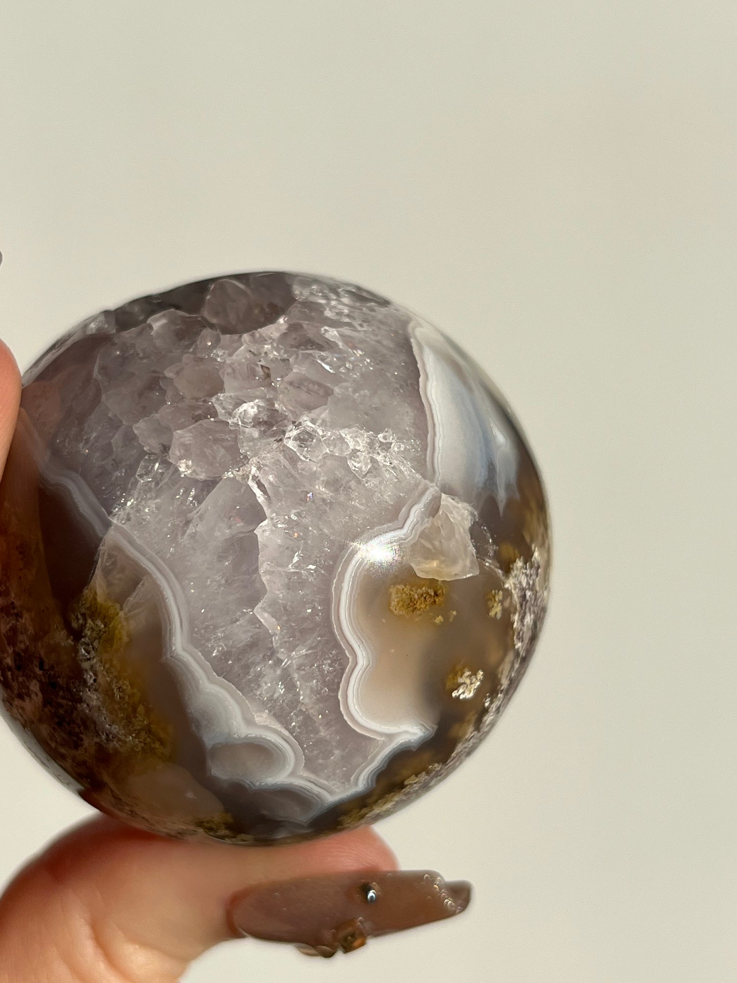 Orbicular Nebula Agate with Amethyst and Scenic Moss Sphere F