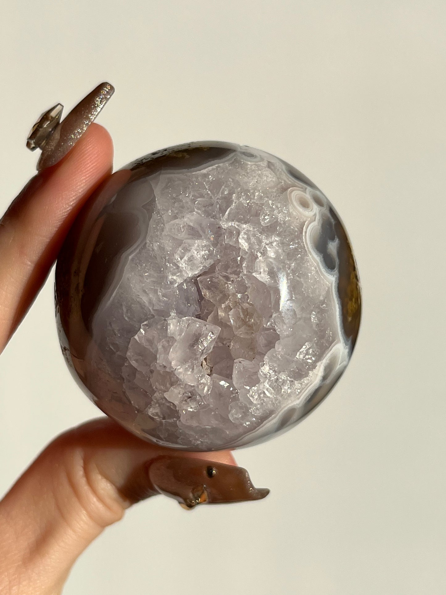 Orbicular Nebula Agate with Amethyst and Scenic Moss Sphere F