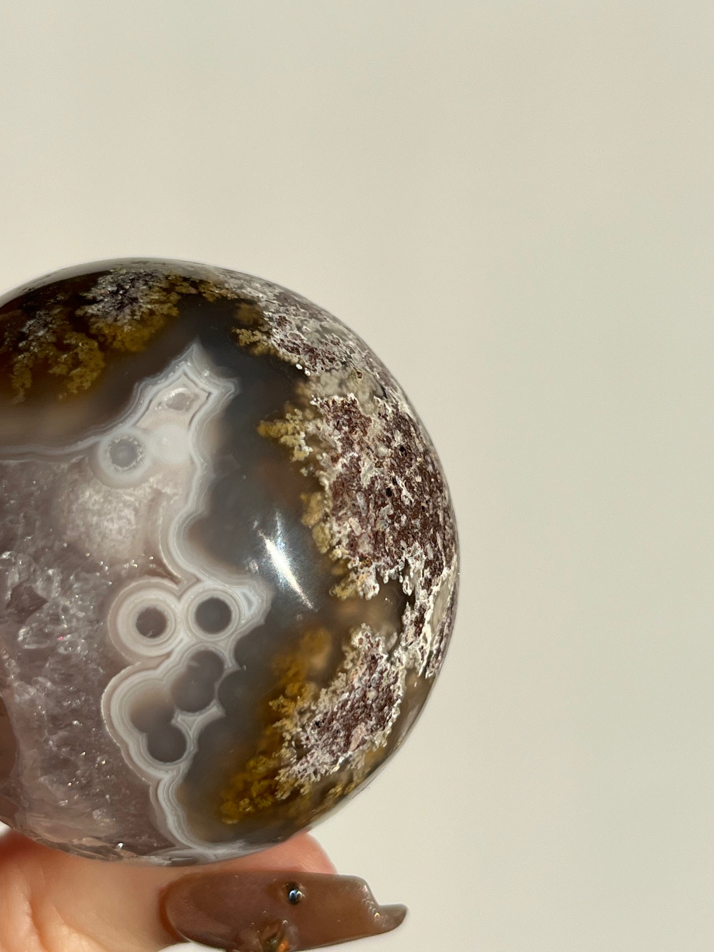 Orbicular Nebula Agate with Amethyst and Scenic Moss Sphere F