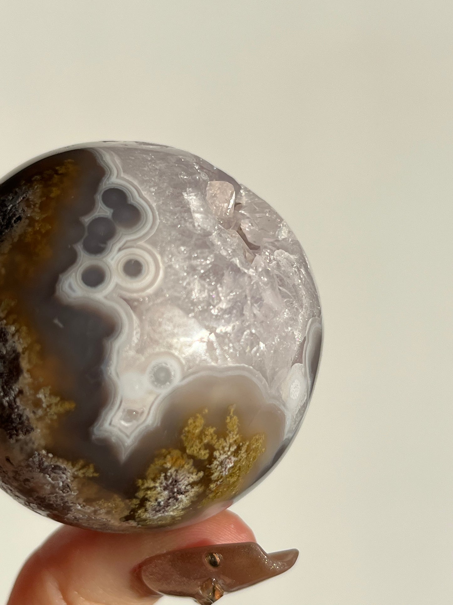Orbicular Nebula Agate with Amethyst and Scenic Moss Sphere F