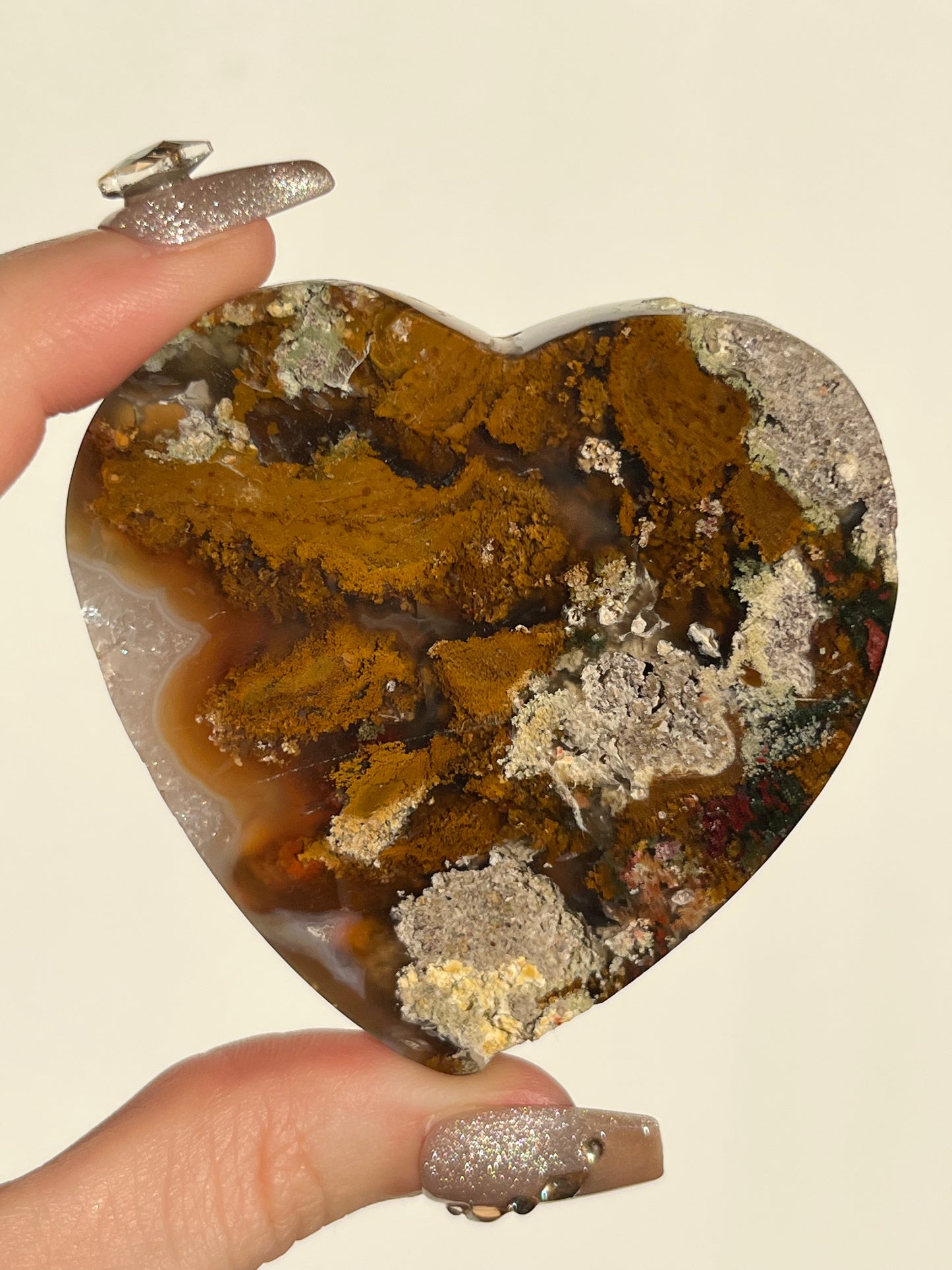 Nebula Agate Heart with Red Moss Inclusions and Quartz D