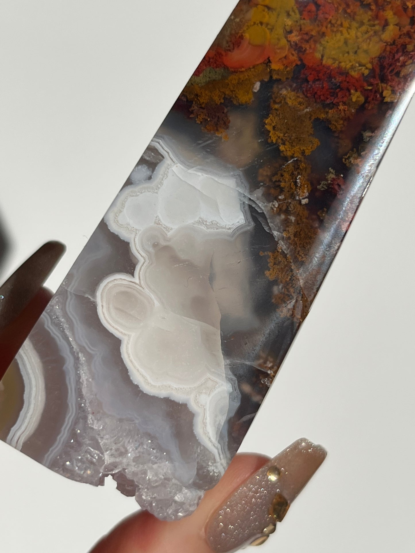 Nebula Agate and Multicoloured Scenic Moss with Amethyst Tower A