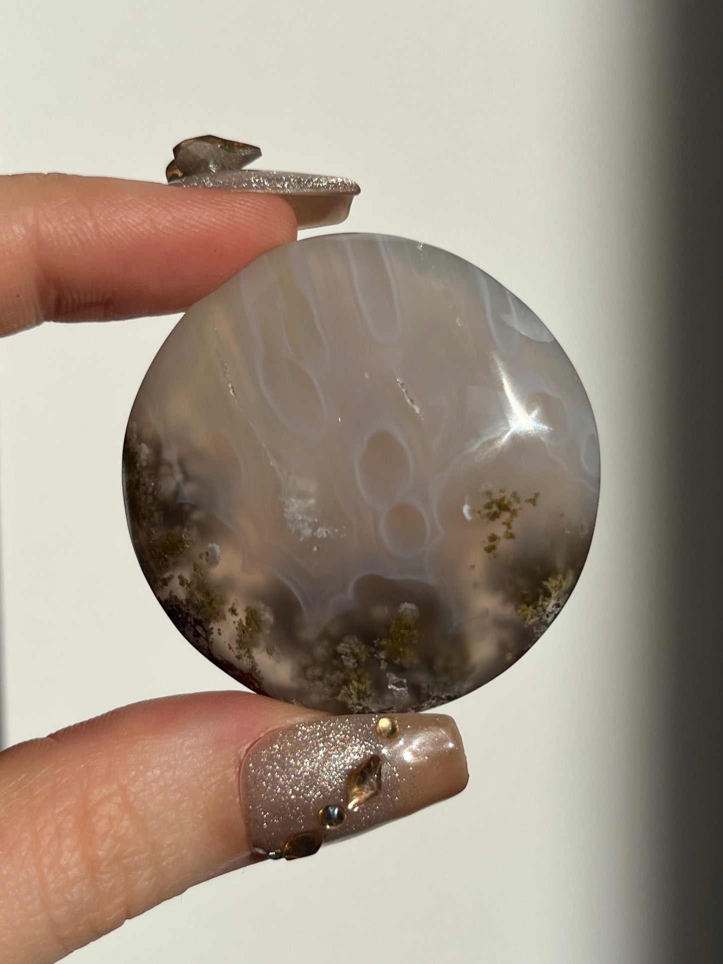 Jelly Orbicular Nebula Agate and Scenic Moss Medallion Carving G
