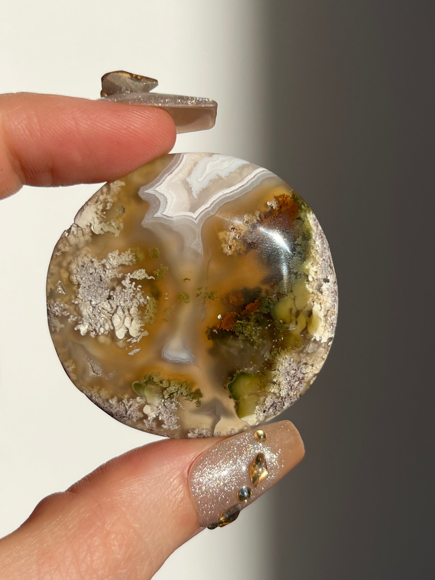 Nebula Agate and Multicoloured Scenic Moss Medallion Carving H